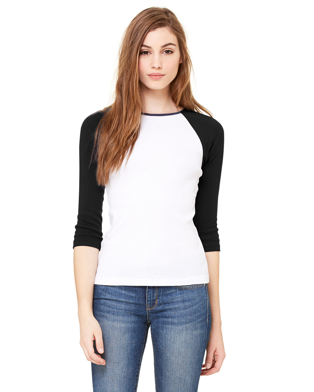 Bella + Canvas B2000 Women's 3/4 Sleeve Baby Rib Raglan T-Shirt with Contrast Stitching - Soft Casual Tee for Yoga, Gym & Everyday Wear