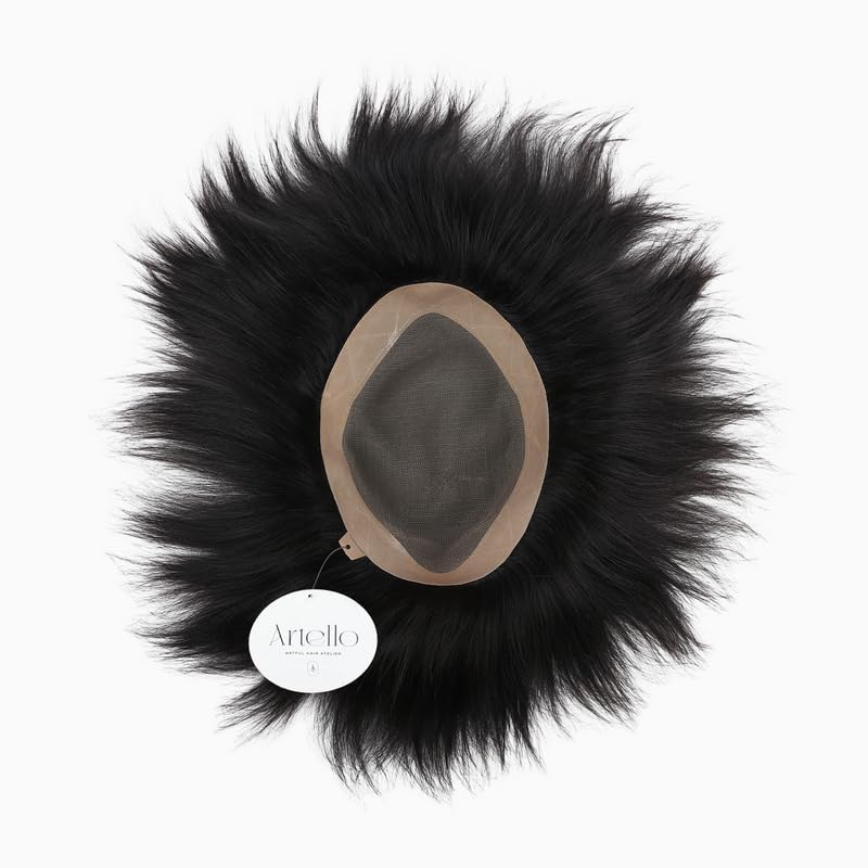 Artello® 100% Human Hair Mono Wig for Men - Short Fine Hair Replacement with Tape/Glue/Clip Attachment - Dark Brown 9x7