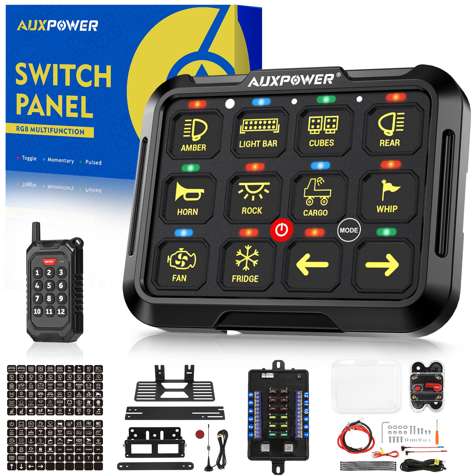 Auxpower 12 Gang RGB Switch Panel with Wireless Remote Control - 12V Waterproof Toggle Momentary Pulsed Switch Panel for Trucks, Cars, Marine & Offroad Vehicles | Perfect for Dashboards, Boats & RV Custom Lighting Control