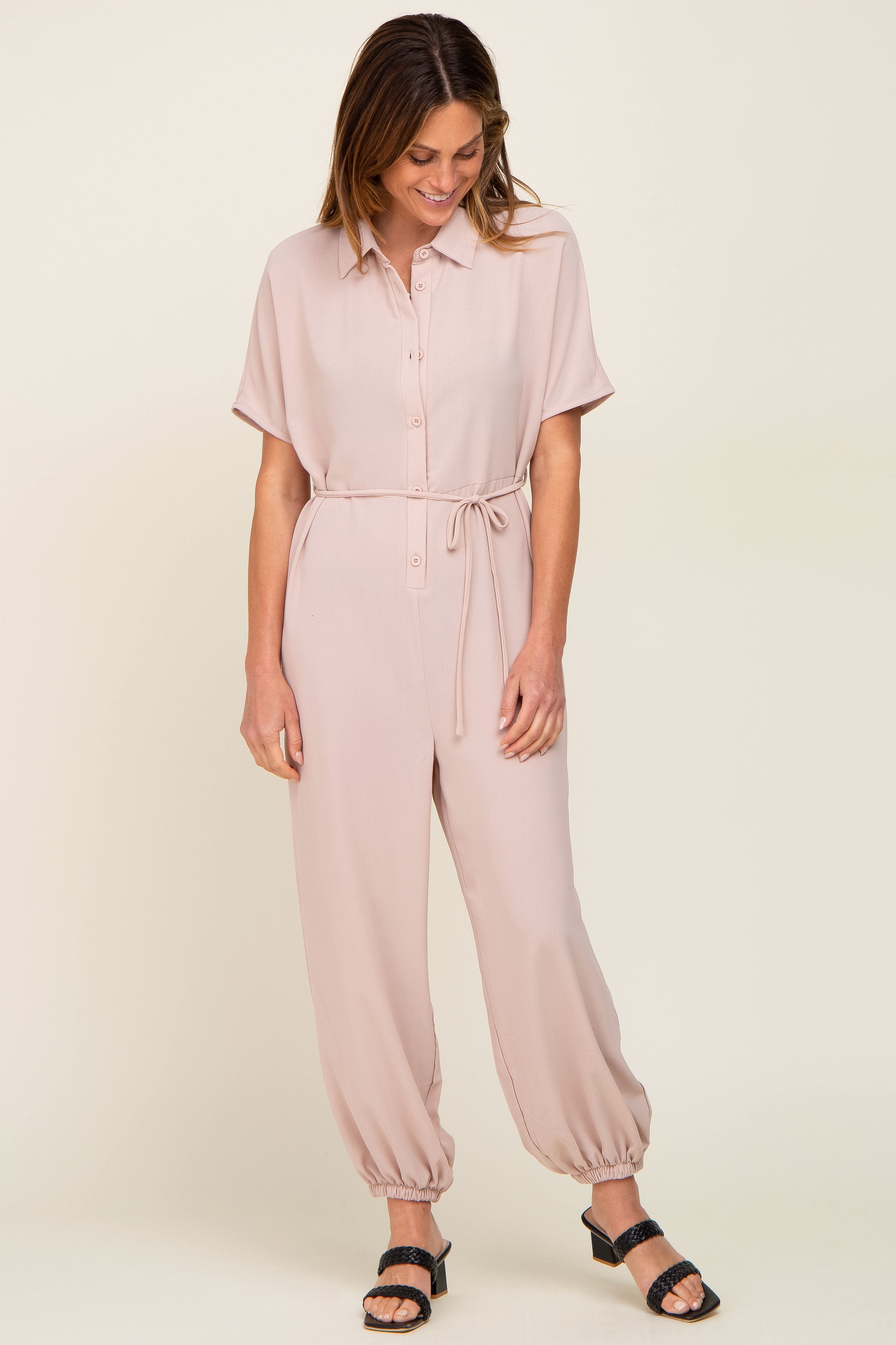 Beige Button Up Jumpsuit for Women - Stylish Casual Romper with Pockets | Perfect for Summer Outfits, Beach Vacations & Date Nights