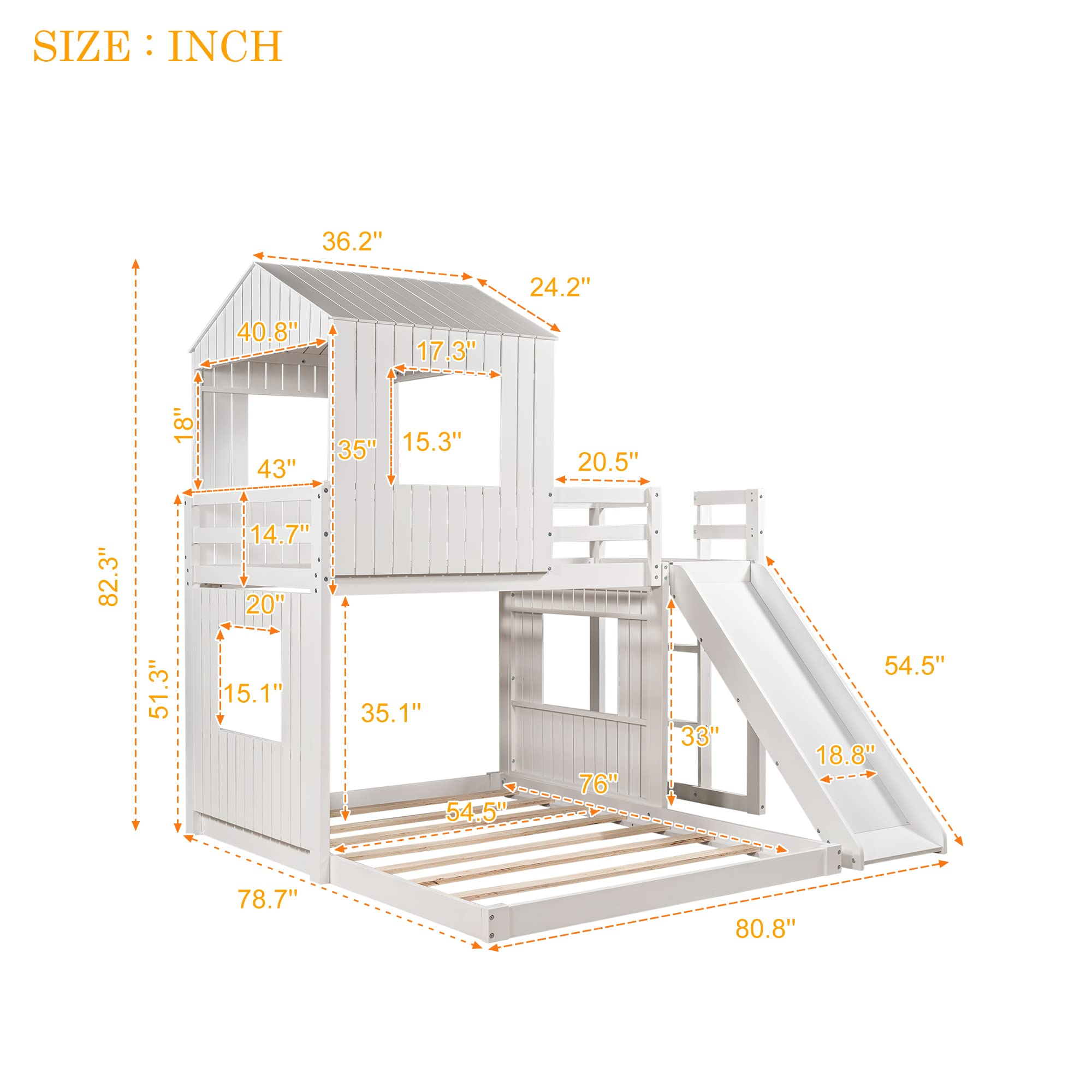 Quarte Twin Over Full Bunk Bed with Slide & Ladder - Solid Wood Loft Bed Frame with Playhouse, Farmhouse Design & Safety Guardrails - Perfect for Kids, Teens, Boys & Girls (White) - Ideal for Small Bedrooms, Playrooms & Shared Kids' Spaces
