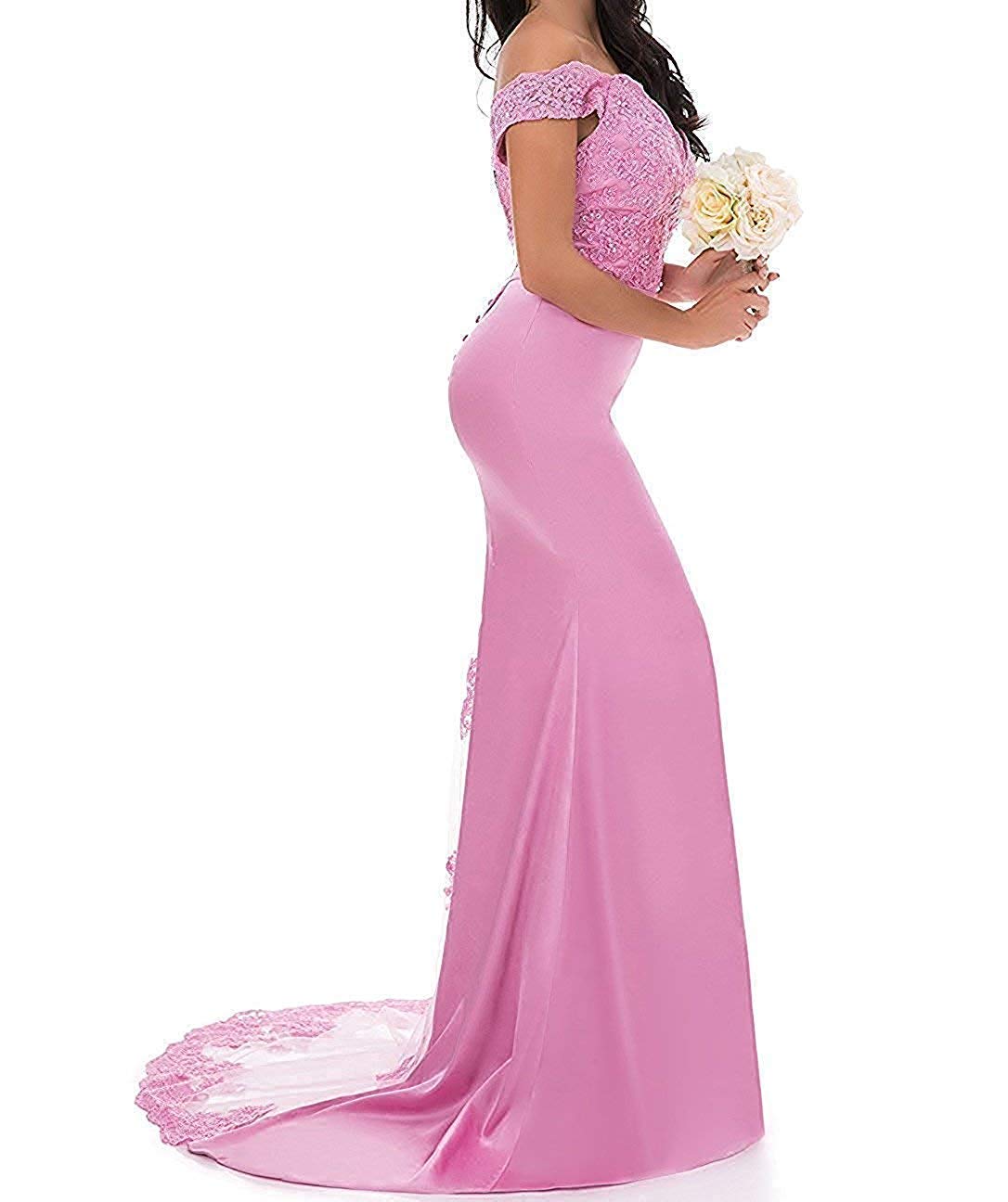 Honeydress Women's Lace Applique Mermaid Evening Gown - Long Satin Off Shoulder Formal Dress for Wedding, Prom & Special Occasions