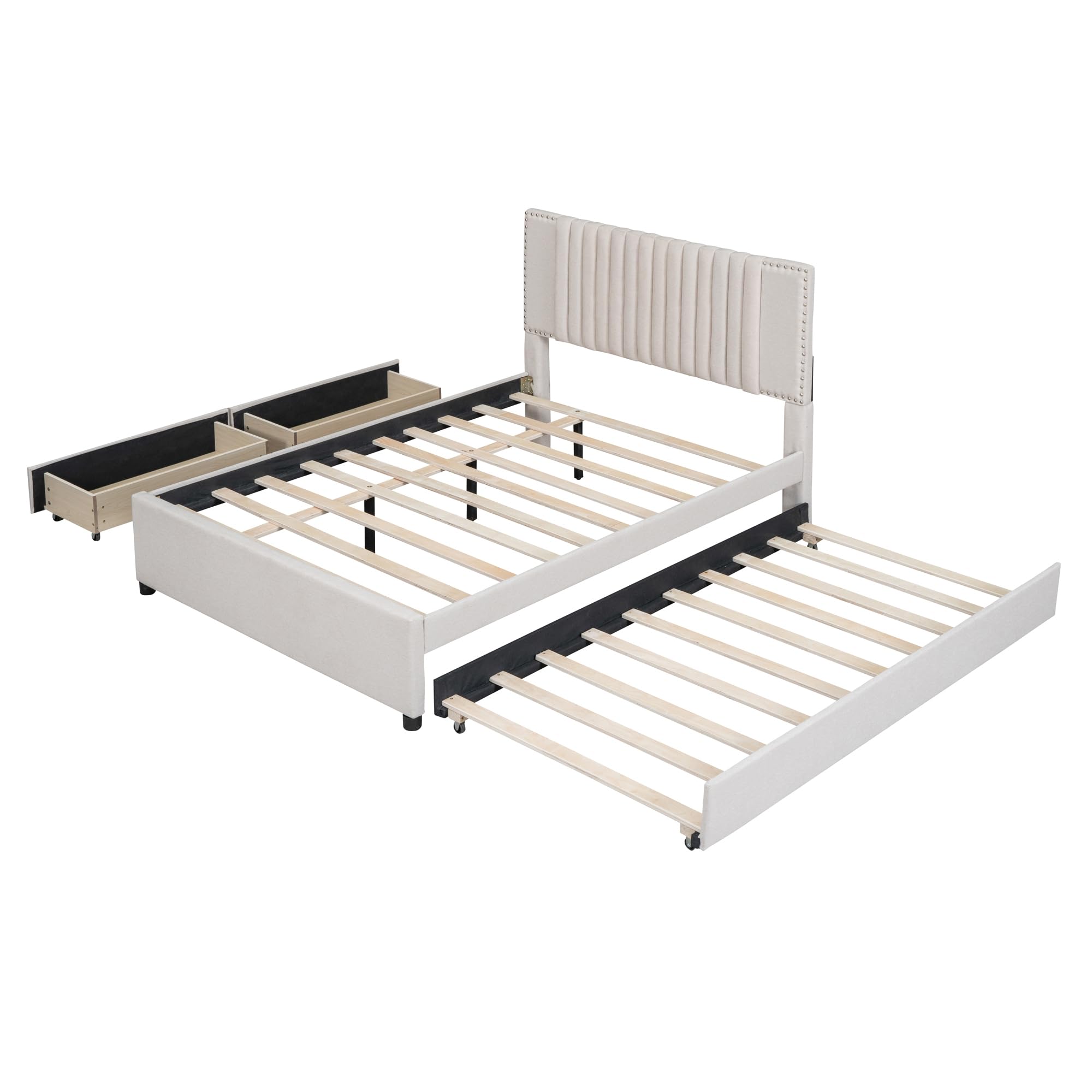 SOFTSEA Full Size Upholstered Platform Bed with Twin Trundle & Storage Drawers - Linen Fabric Bed Frame with Tufted Headboard & Nailhead Trim in Beige - Perfect for Guest Rooms, Small Spaces & Modern Bedroom Decor