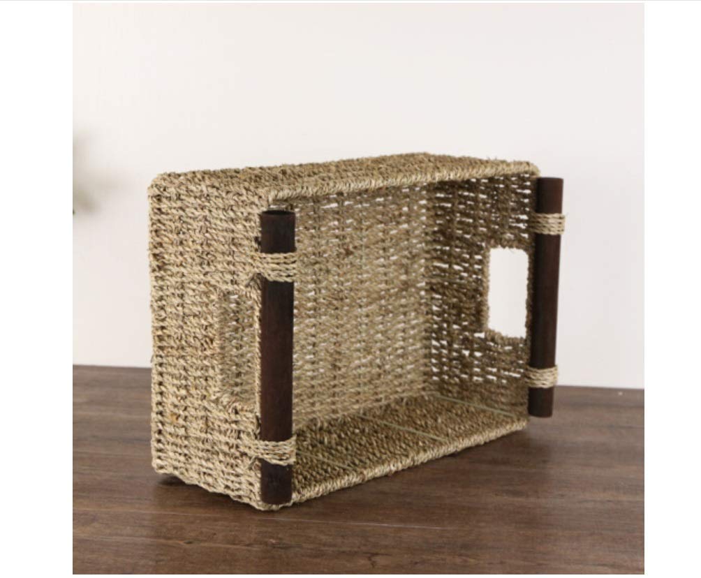 Handmade Straw American Solid Wood Handle Storage Basket - 37x26x16x13.5cm - Coffee Table Organizer, Snack Storage, Home Decor for Living Room & Bedroom