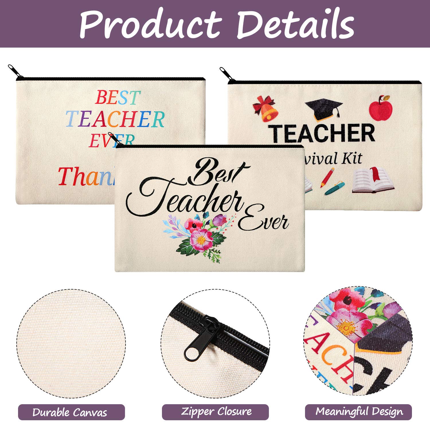 15-Piece Canvas Makeup Bag Set for Teachers - Cosmetic Pouch, Pencil Case & Travel Toiletry Organizer with Zipper - Perfect Teacher Appreciation Gift (3 Styles) - Great for School, Travel & Daily Organization