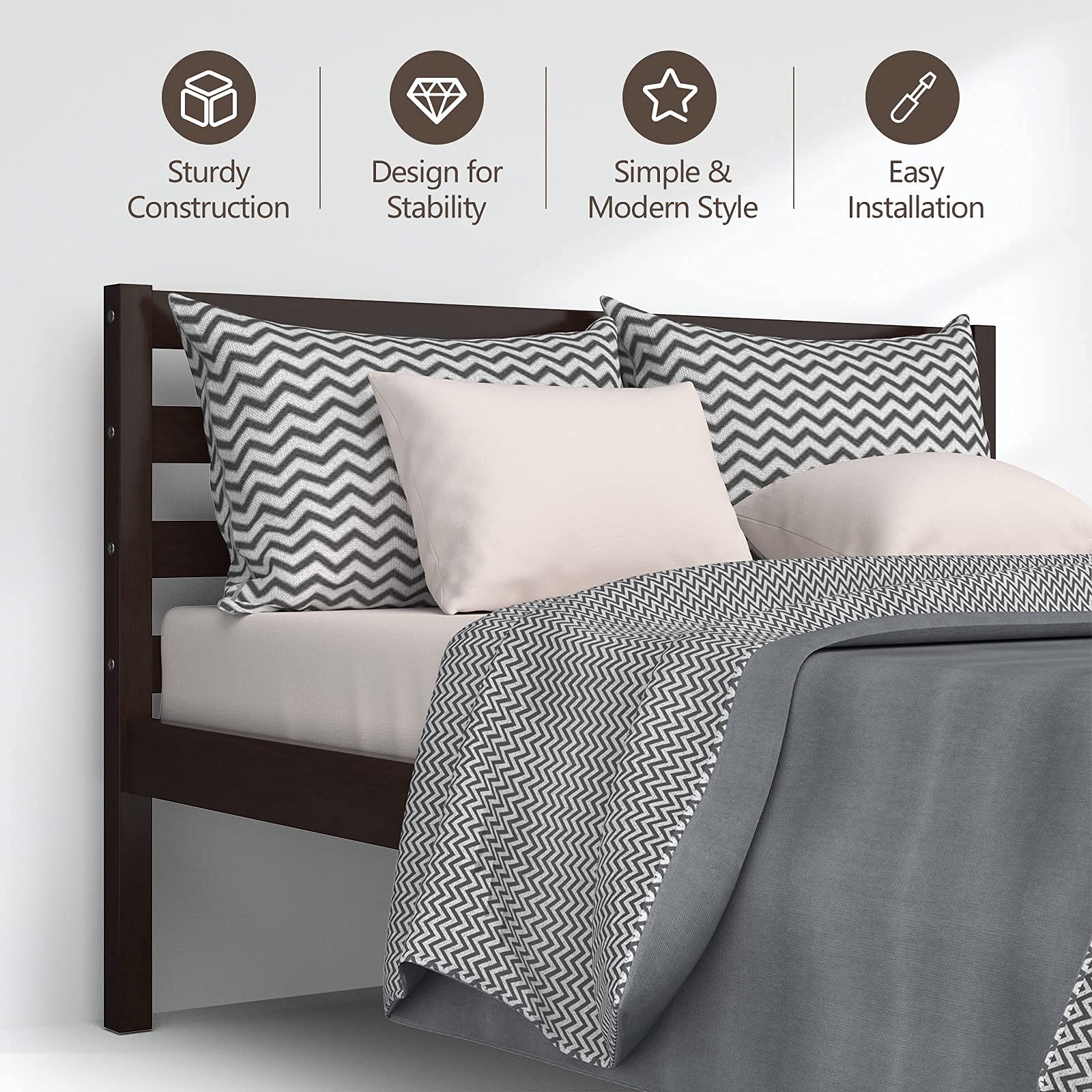 Giantex Solid Wood Platform Bed Frame with Paneled Headboard - Wood Slat Support, No Box Spring Needed - Twin Size Espresso Finish Mattress Foundation for Bedroom, Guest Room & Dormitory