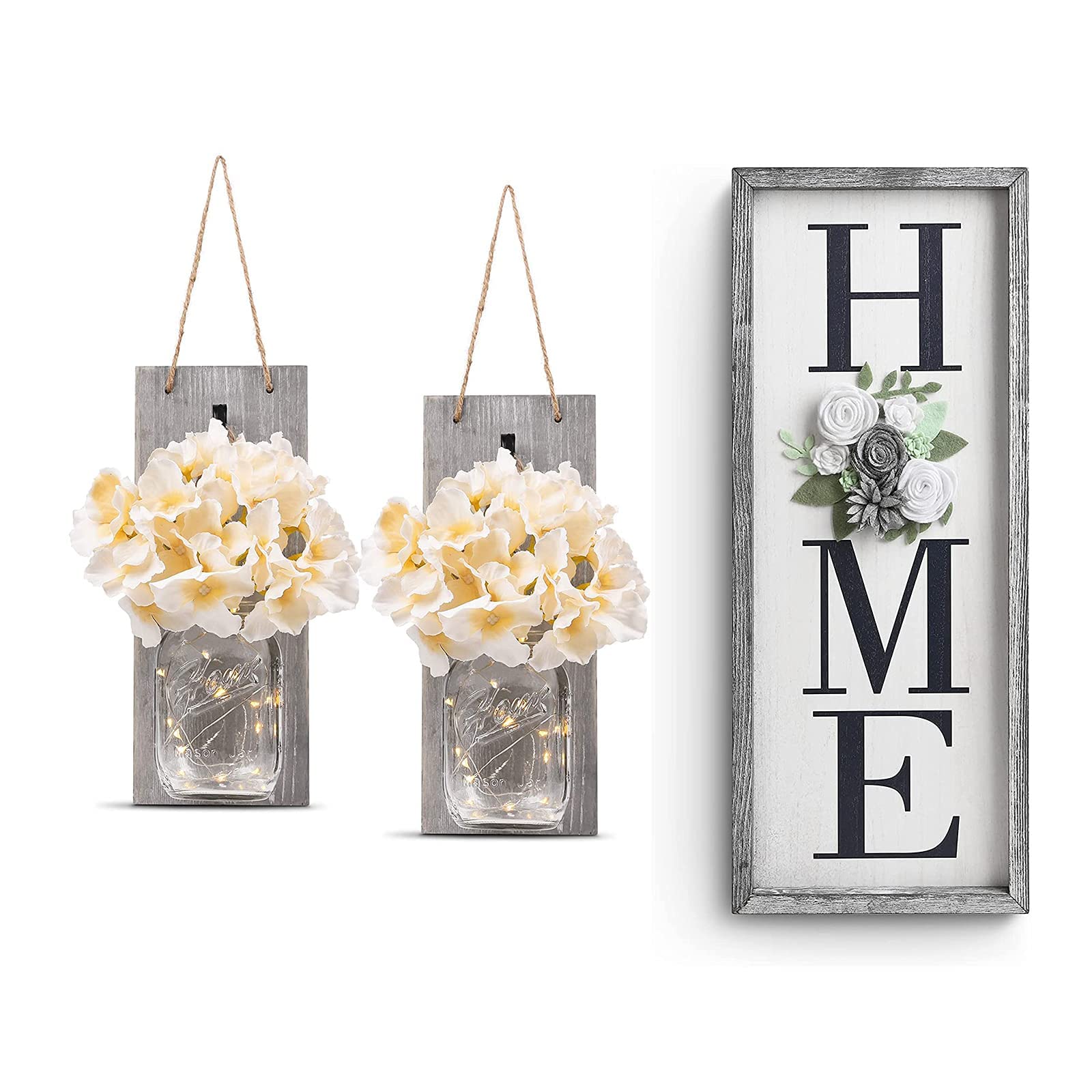 Vintage HOMKO Mason Jar Wall Decor with Battery-Operated LED Fairy Lights & Felt Flowers - Rustic Farmhouse Hanging Sign for Living Room, Bedroom, Wedding, Nursery Decor