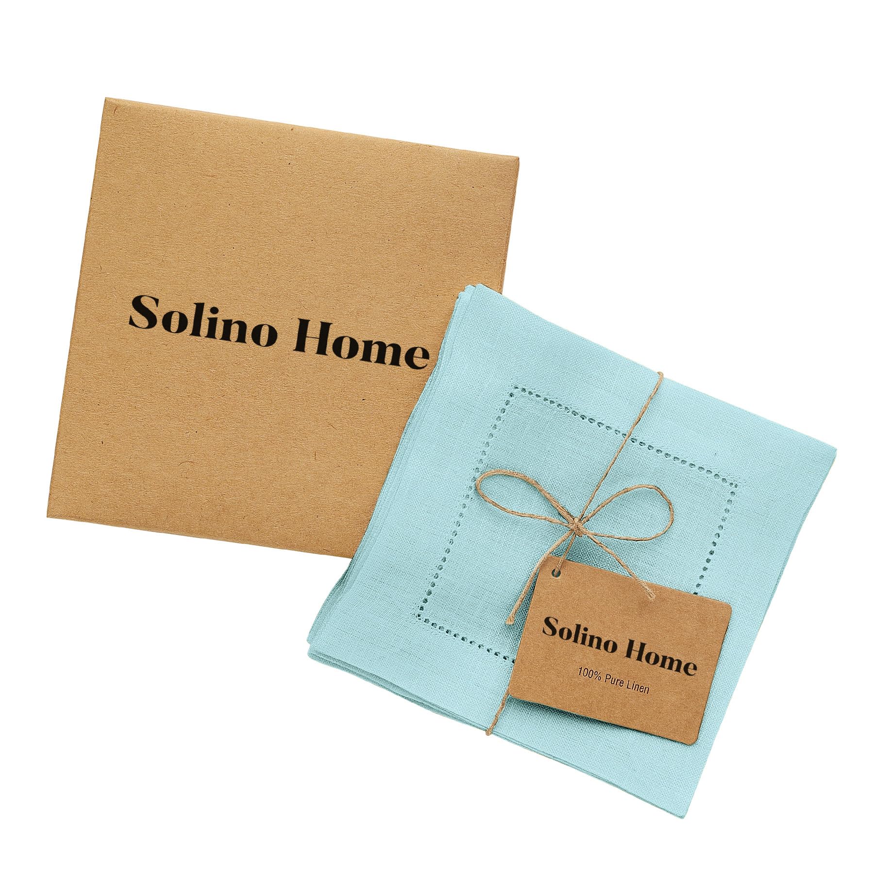 Premium 100% Pure Linen Cocktail Napkins Set of 12 - 6x6 Inch Aqua Blue Hemstitch Cloth Napkins for Parties, Weddings & Elegant Dining - Solino Home Linen