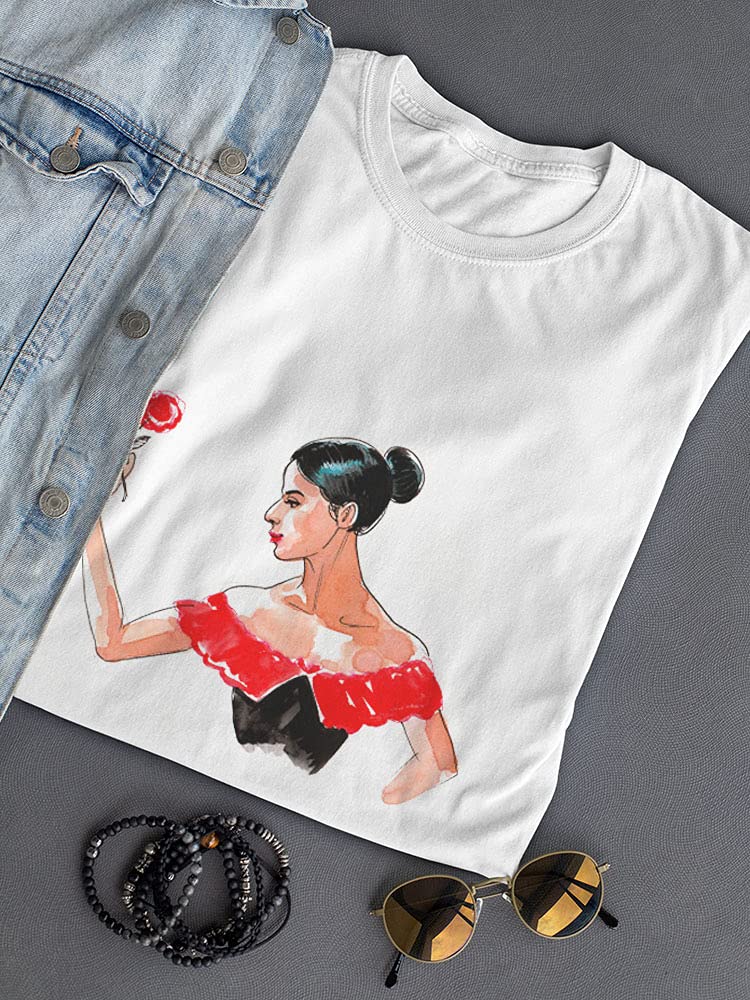 Smartprints Women's Flamenco Dancer with Red Rose Graphic T-Shirt - Casual Fashion Tee for Dance Lovers & Spanish Culture Enthusiasts