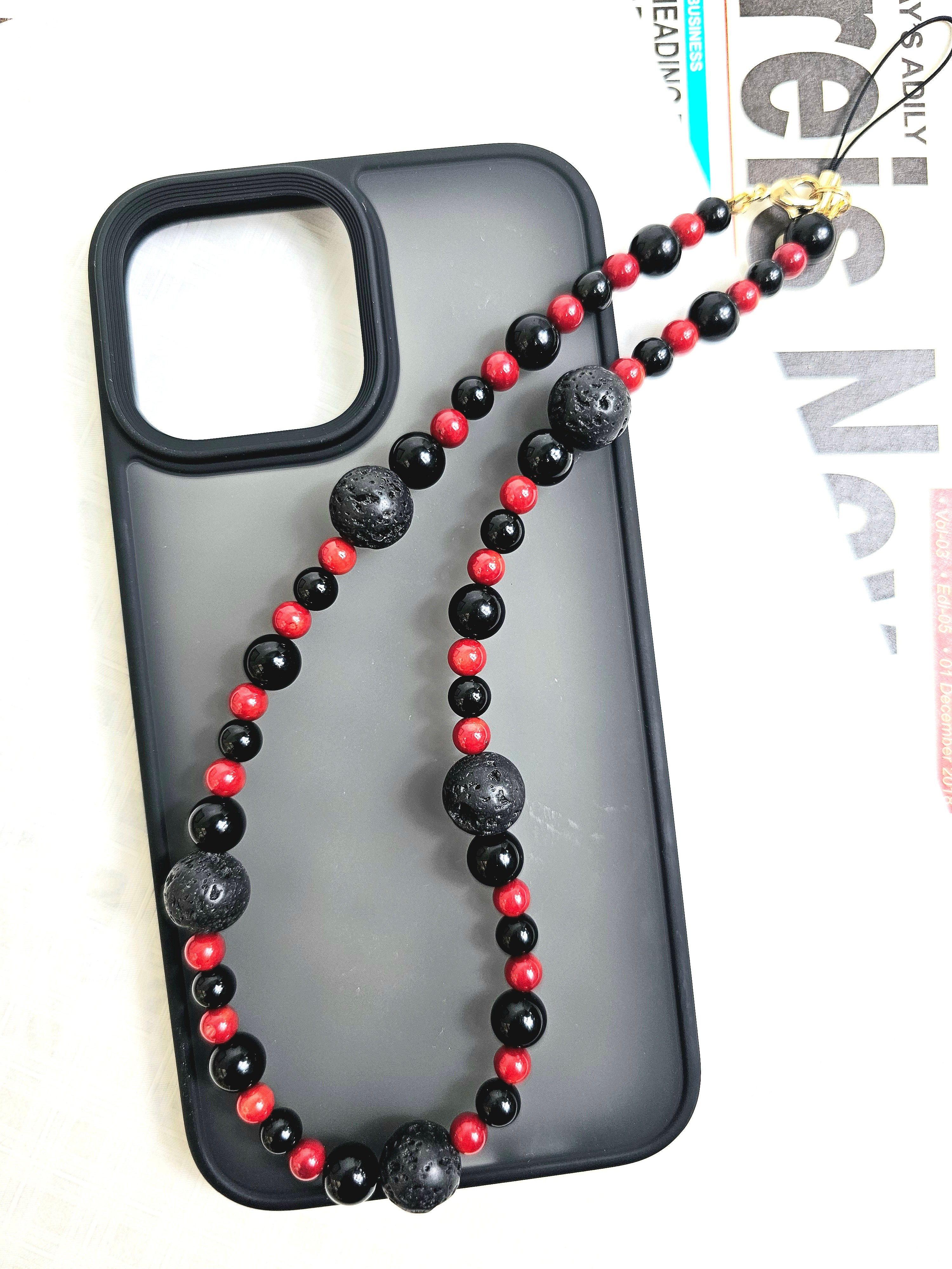 Natural Red Bamboo Coral & Lava Stone Phone Strap - Stylish Phone Accessory for iPhone Samsung Android - Perfect for Travel, Office & Daily Use