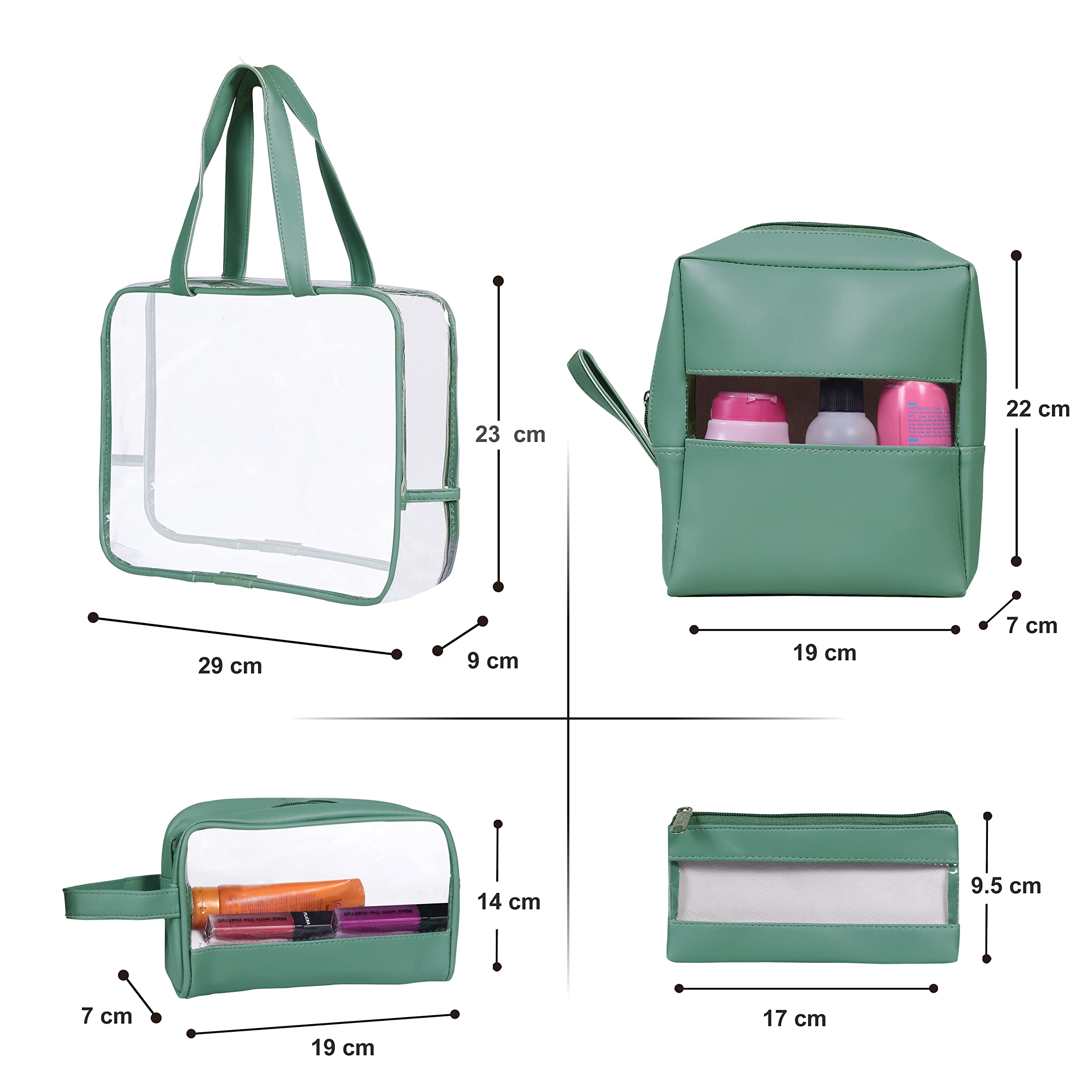 Lwvax 4-Piece Clear Makeup Pouch Set - Vegan Leather Cosmetic Organizer Travel Bag for Women & Girls, Waterproof Toiletry Storage Kit (Green) - Perfect for Travel, Gym, and Daily Essentials Organization