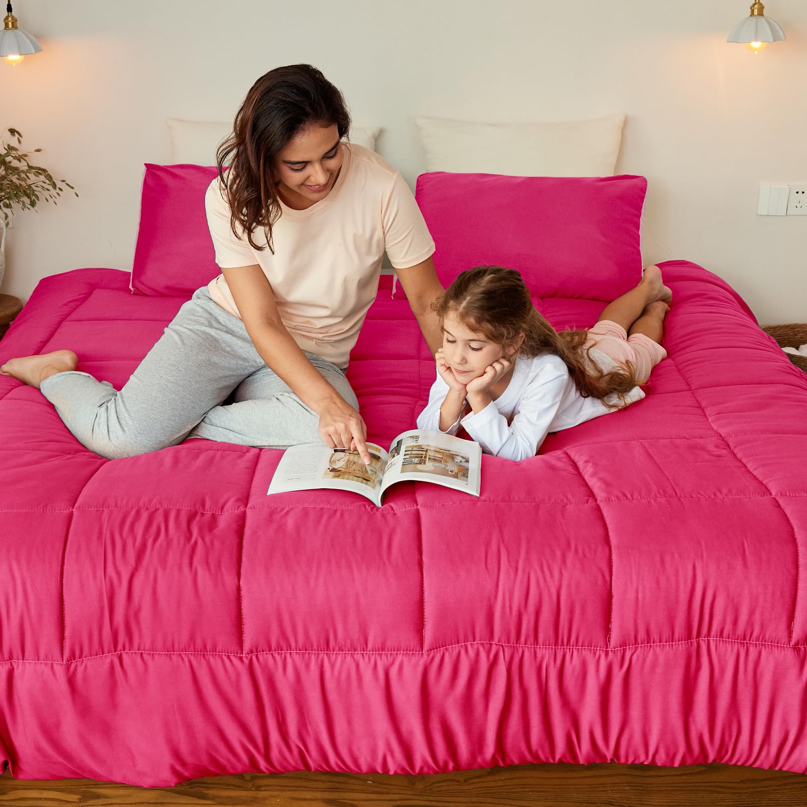 Exclusive Lightweight Reversible 3-Piece Comforter Set - All Seasons Down Alternative Bedding with 2 Pillow Shams, King Size in Hot Pink/Bright Pink - Perfect for Master Bedroom, Guest Room & Dorm Decor