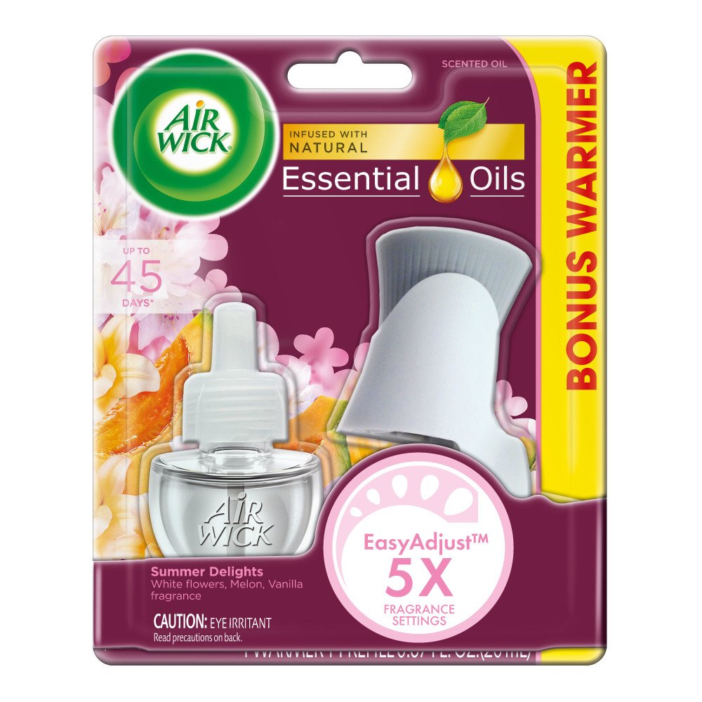Air Wick Scented Oil Refill Plug in Air Freshener - Essential Oil Diffuser Starter Kit with 1 Warmer + 1 Refill - Summer Delights Fragrance for Home, Office & Car
