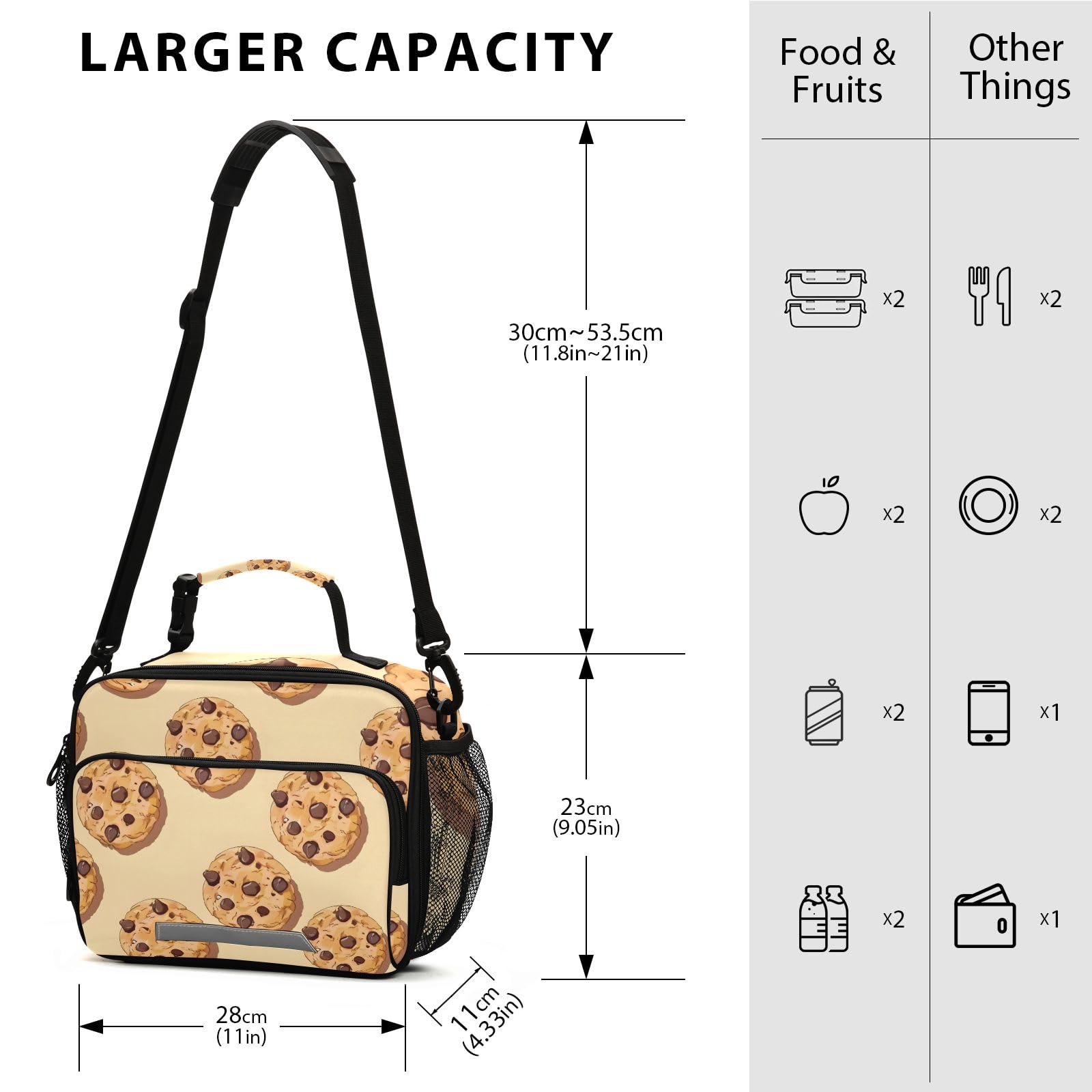 Insulated Chocolate Cookies Kids Lunch Bag - Reusable & Childish Lunch Box for Boys & Girls, Cooler Tote with Shoulder Strap - Perfect for School, Office, Picnic & Travel