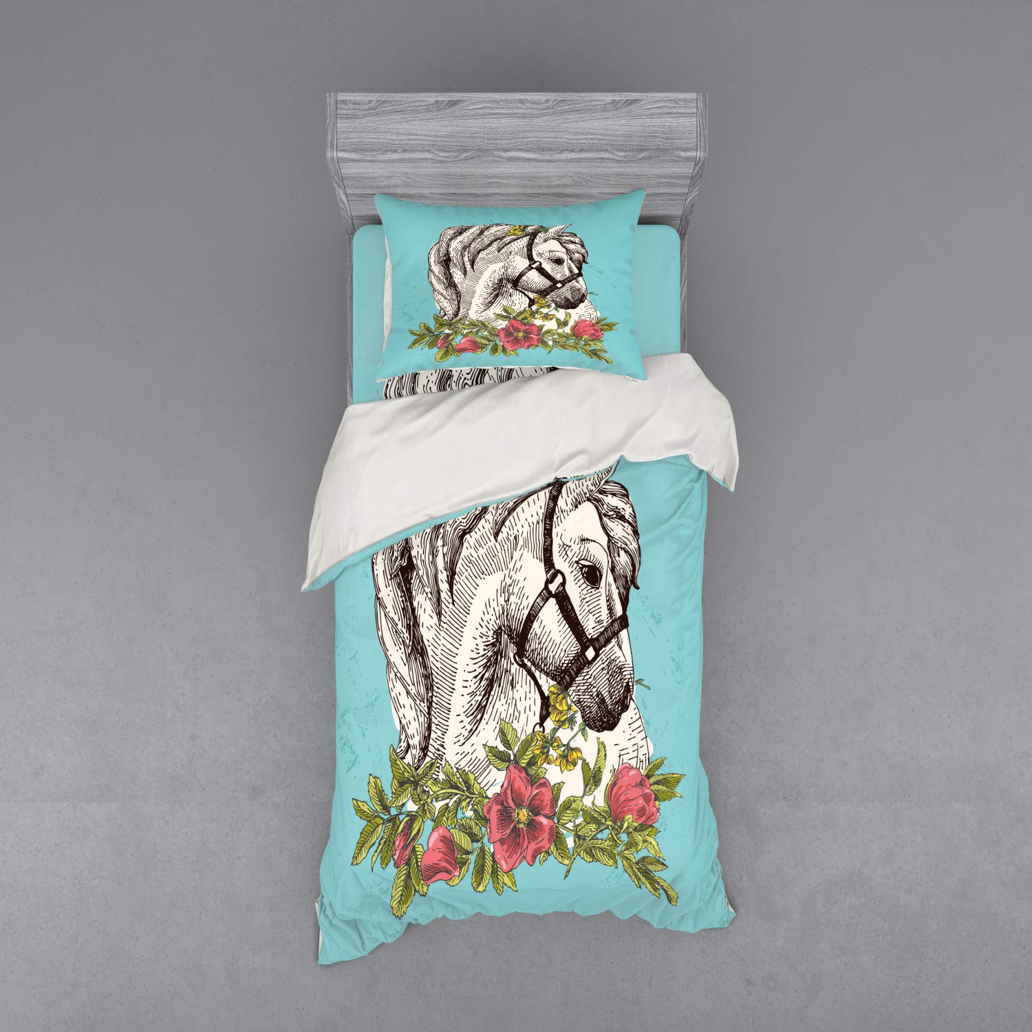 Ambesonne Floral Duvet Cover Set - Bohemian Style Horse Opium Blossoms Poppy Wreath Design, 3-Piece Bedding Set with Pillow Sham & Fitted Sheet, Twin Size, Turquoise Apple Green - Perfect for Boho Chic Bedrooms & Guest Room Decor