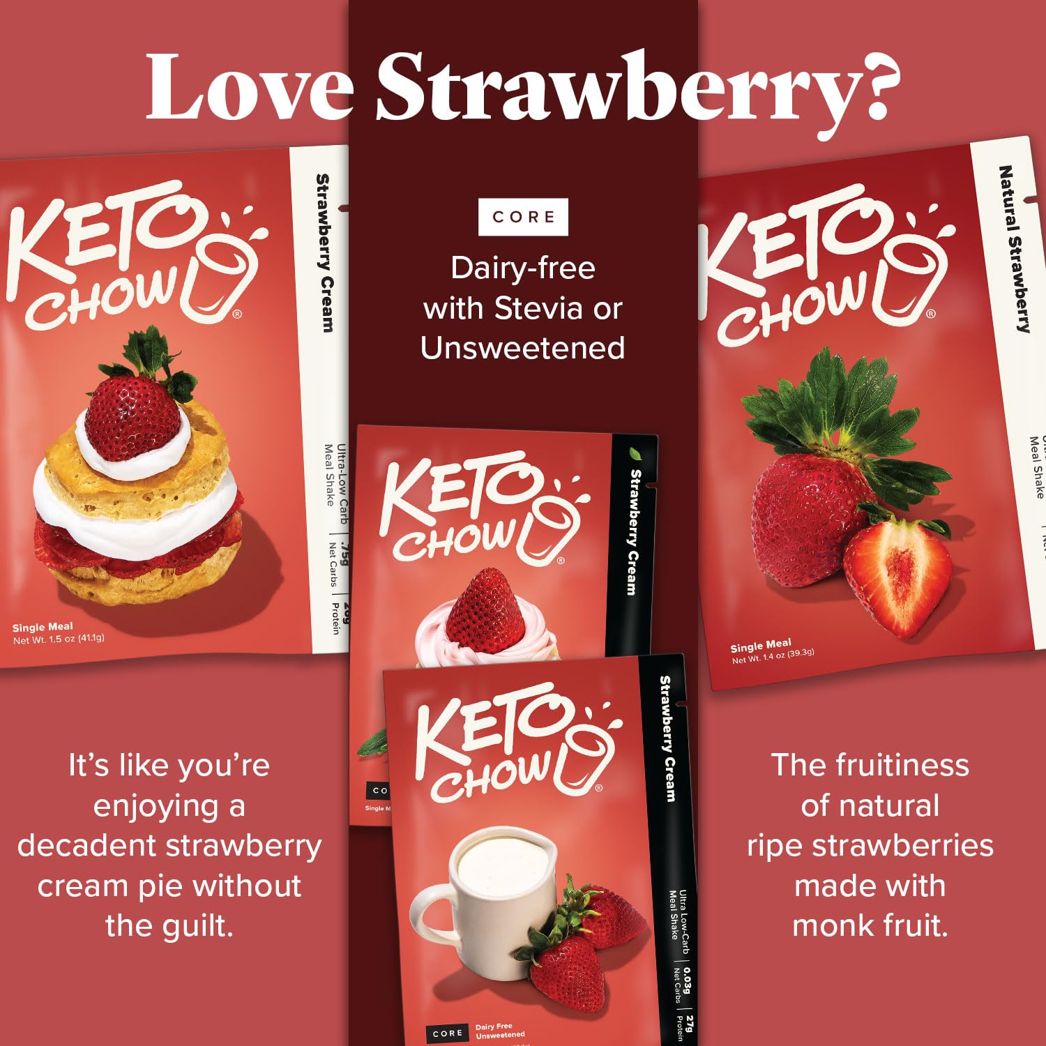 Keto Chow Strawberry Cream (Unsweetened) - Low Carb Keto Meal Replacement Shake Powder - Nutritionally Complete Protein Shake - Dairy Free, Gluten Free - Perfect for Weight Loss, Busy Mornings & On-the-Go Nutrition