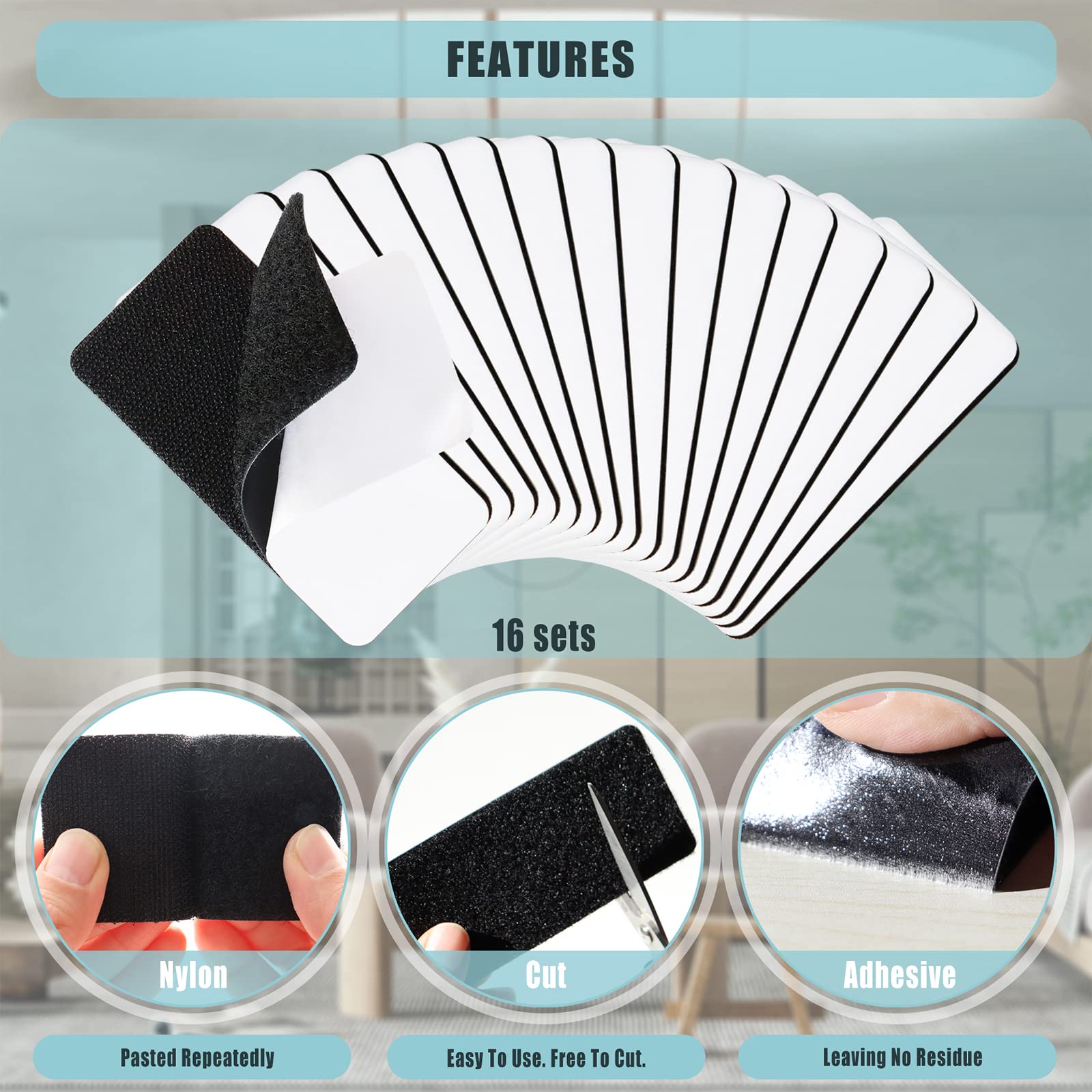 16 Sets 2x4 Inch Heavy Duty Hook and Loop Tape with Adhesive - Strong Rug & Carpet Tape for Wall Hanging, Fabric, Couch, Office & Household Use - Perfect for Securing Rugs, Mounting Decor & Organizing Items