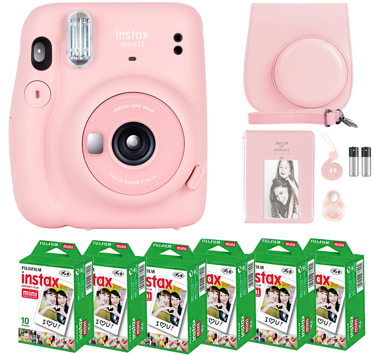 Fujifilm Instax Mini 11 Instant Camera Bundle with 60 Sheets Mini Film, Carrying Case, Selfie Lens, Photo Album & Stickers - Blush Pink | Perfect for Travel, Parties, Weddings & DIY Scrapbooking