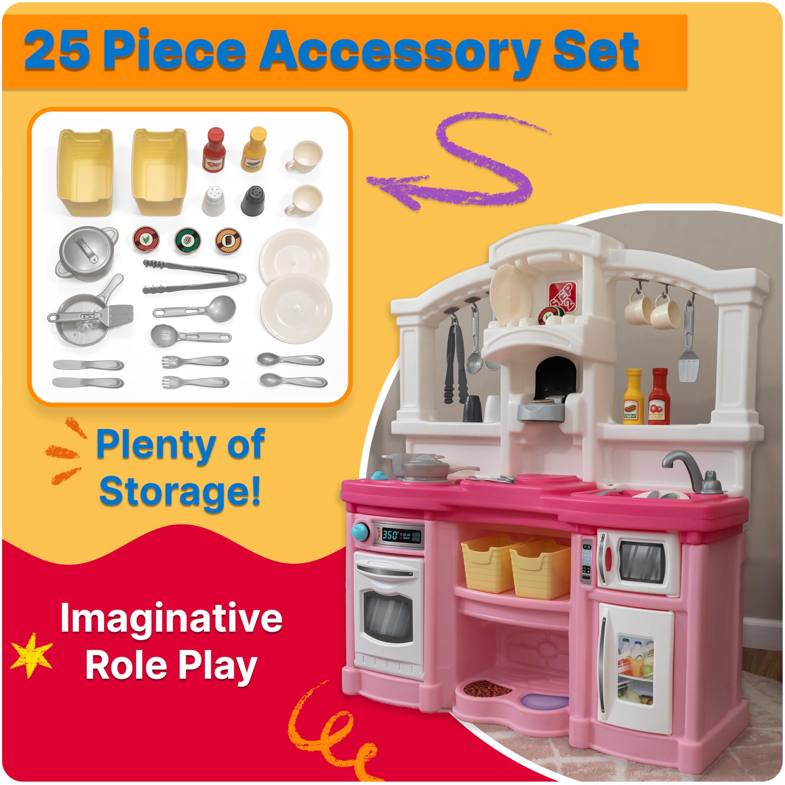 Step2 Fun with Friends Kids Kitchen Playset - Interactive Indoor/Outdoor Play Kitchen with Lights & Sounds | 25-Piece Toy Accessories | Durable Plastic for Toddlers 2+ Years (Gray) - Perfect for Pretend Play, Birthday Gifts & Early Learning Development