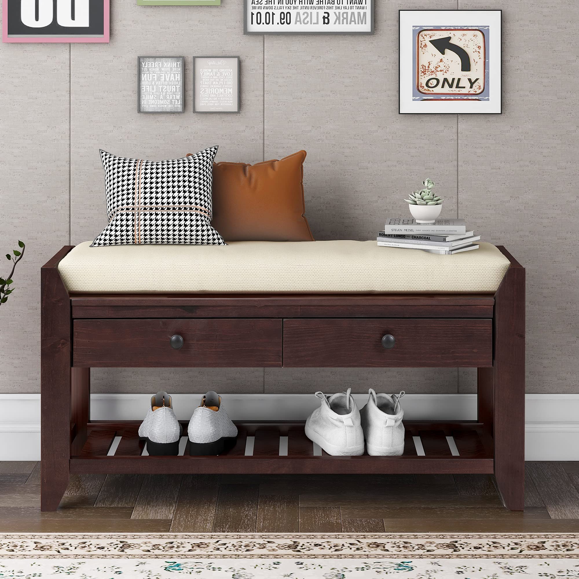 P PURLOVE Entryway Storage Bench with Cushioned Seat - 2 Drawers Shoe Rack & Storage Shelf, Espresso Finish - Perfect for Hallway Organization, Mudroom Decor & Small Space Entry Solutions