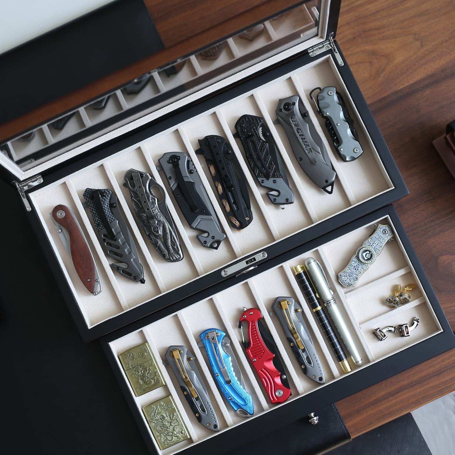Premium Walnut Folding Knife Display Case - 2-Tier Organizer with Real Glass Top for 15-17 Pocket Knives | Collector's Storage Box with Drawer | Perfect for Men's Knife Collections, Home Office & Hunting Cabin Decor