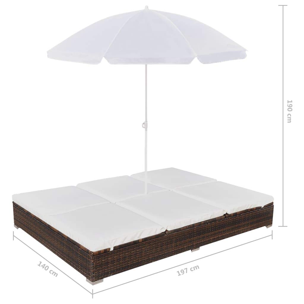 Brown Poly Rattan Patio Lounge Bed with Umbrella - Outdoor Reclining Couch for Garden, Poolside & Beach - Durable Patio Furniture for Relaxing, Sunbathing & Lounging