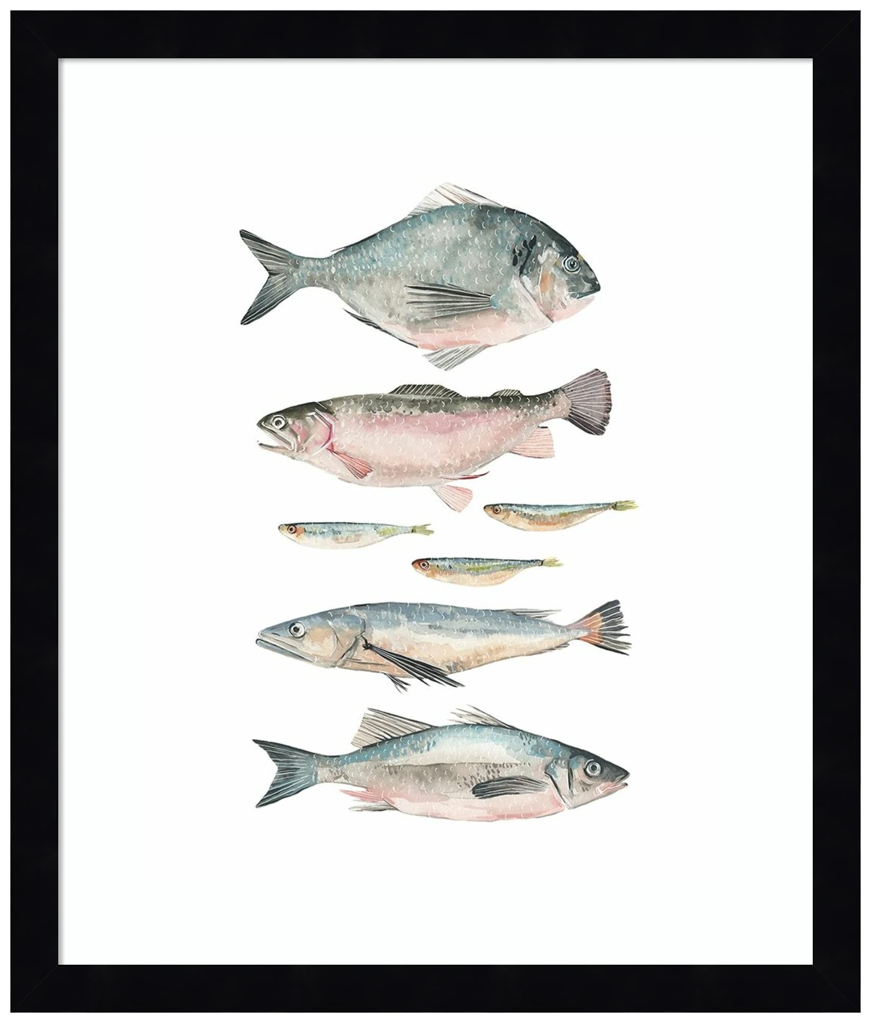 Emma Scarvey Fish Composition II Wood Framed Wall Art Print - 15x17 Inches, Svelte Noir Black Frame - Modern Home & Office Decor for Living Room, Bedroom, Kitchen