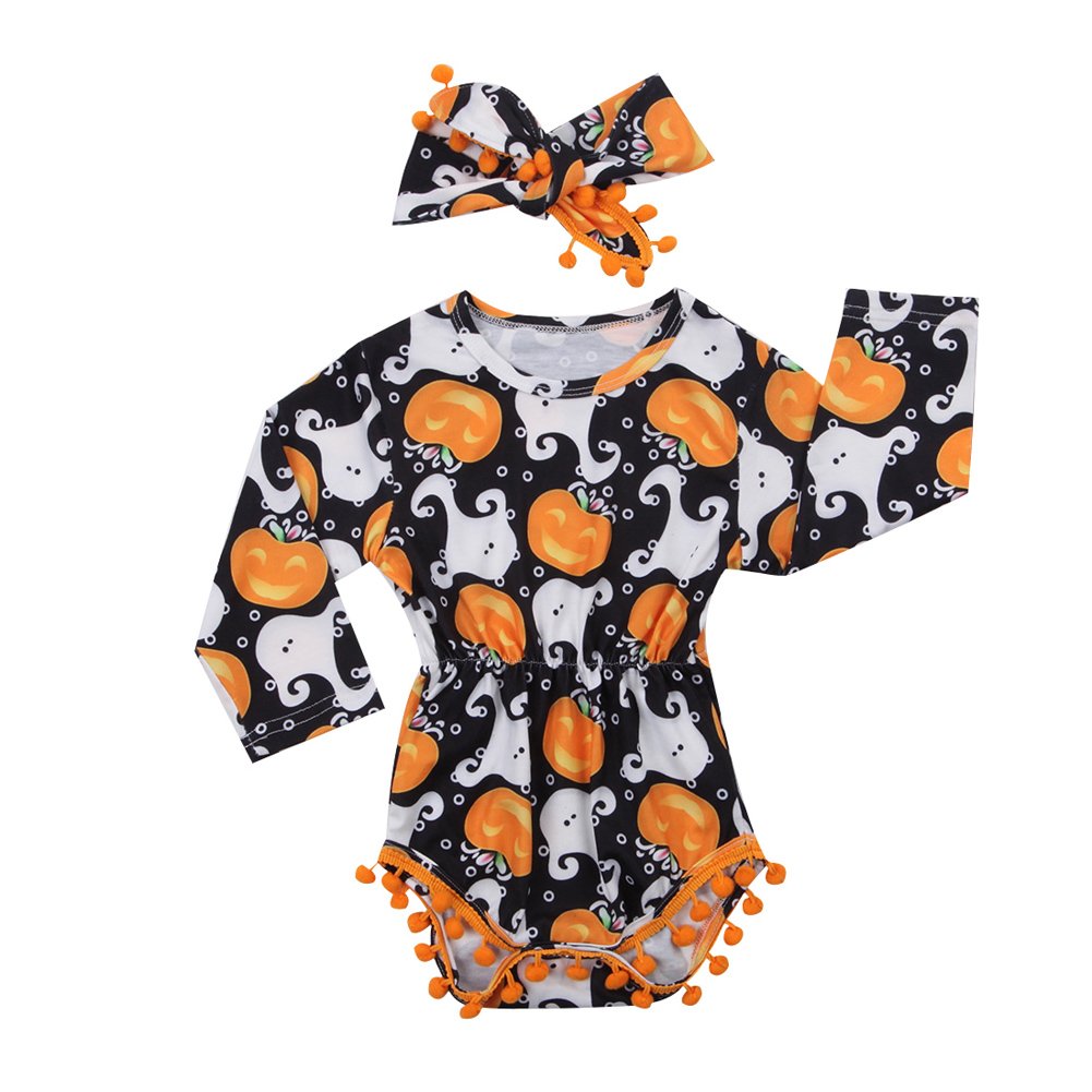 Adorable Pumpkin Baby Girl Long Sleeve Romper with Pompom & Headband - Newborn Halloween Costume Outfit for Photo Shoots & Fall Celebrations