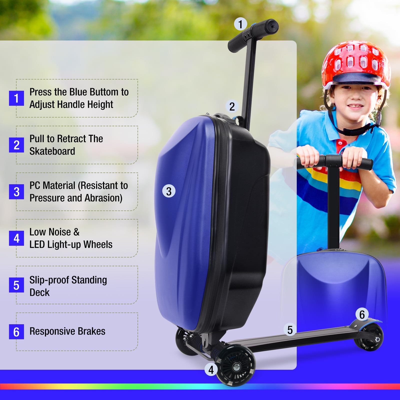 **Foldable Scooter Luggage for Kids Age 4-15 | 2-in-1 Hardshell Ride-On Suitcase with LED Wheels | Lightweight Carry-On Luggage for Travel, School & Airports (Blue)**