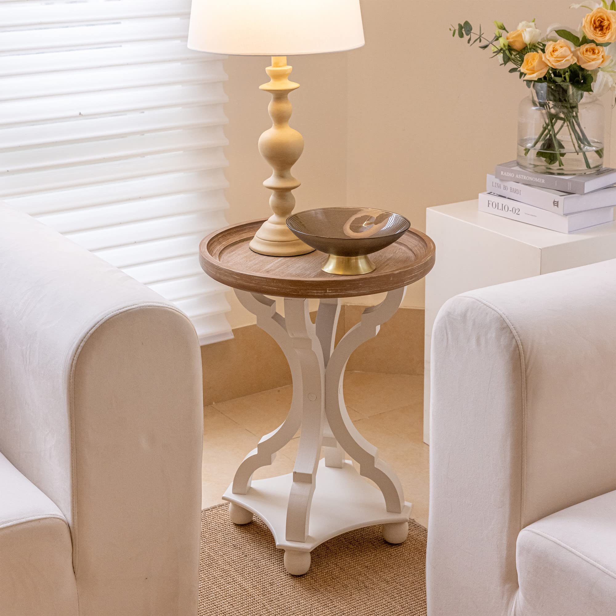 Rustic Farmhouse End Table with Tray Top - Handcrafted Wooden Accent Side Table for Living Room, Bedroom & Dining Room - Modern Nightstand with Concave Legs - Perfect for Coffee, Books & Decor