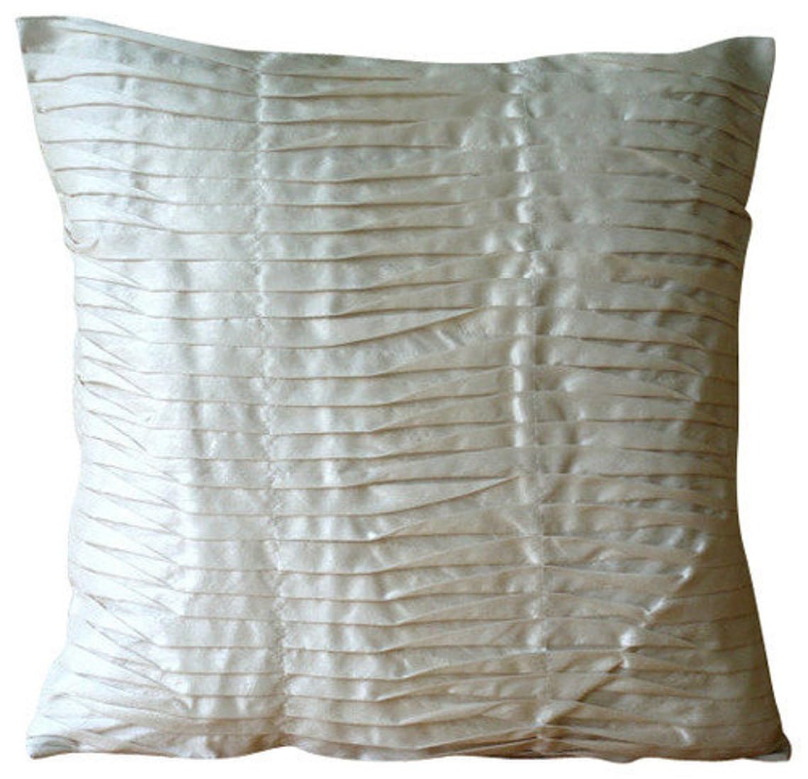 HomeCentric 16x16 Inch (40x40 cm) Decorative Silk Pillow Covers - Ivory Handmade Throw Pillows for Couch with Pintucks & Textured Stripes | Modern Solid Color Pillowcases for Living Room, Bedroom & Sofa Decor