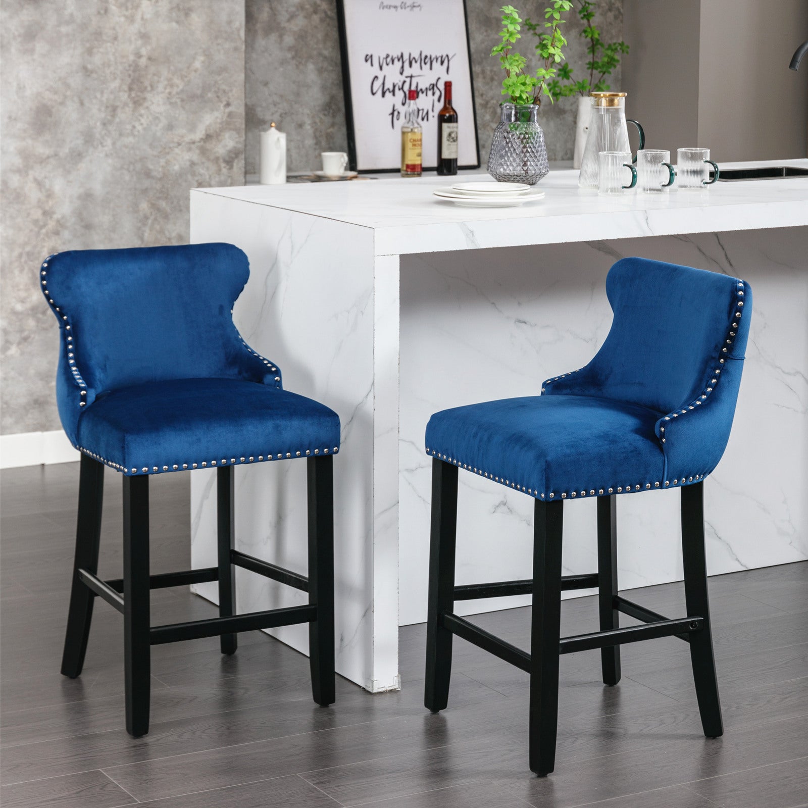 Contemporary Velvet Upholstered Wingback Bar Stools with Button Tufted Design, Wooden Legs & Chrome Nailhead Trim - Set of 4 Blue Bar Chairs (SW1824BL) for Kitchen Island, Breakfast Nook & Home Bar Decor