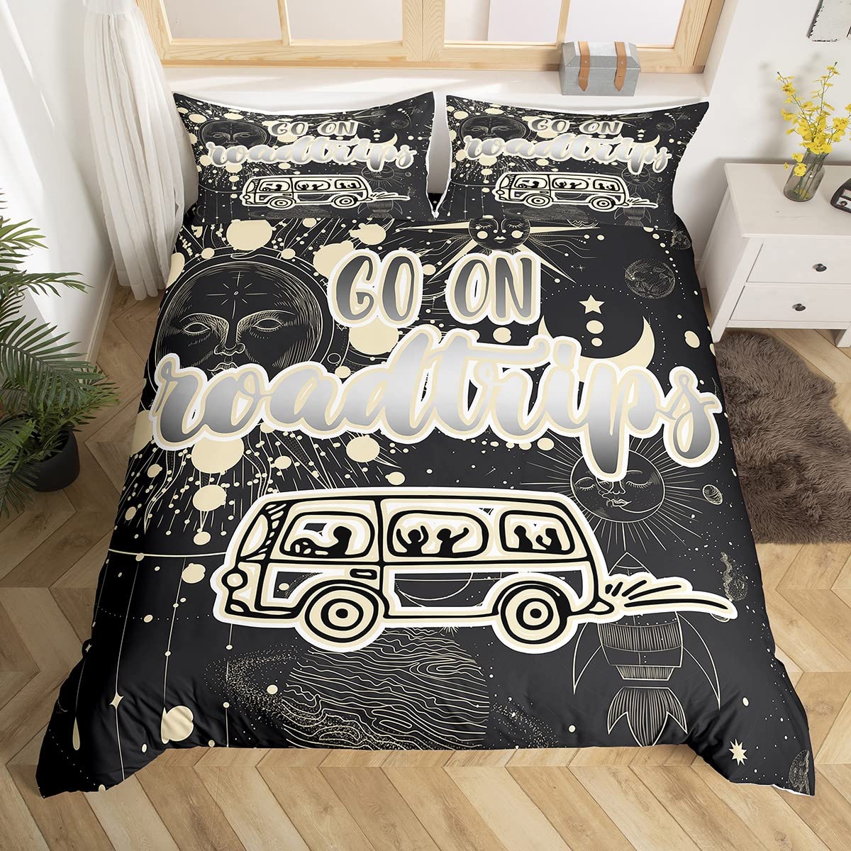 Bohemian Moon & Sun Twin Camper Bedding Set - Happy Camping Duvet Cover for Kids Boys Girls - Rustic Farmhouse Decor 2Pcs - Perfect for Camping Trips & Cozy Bedroom Retreats