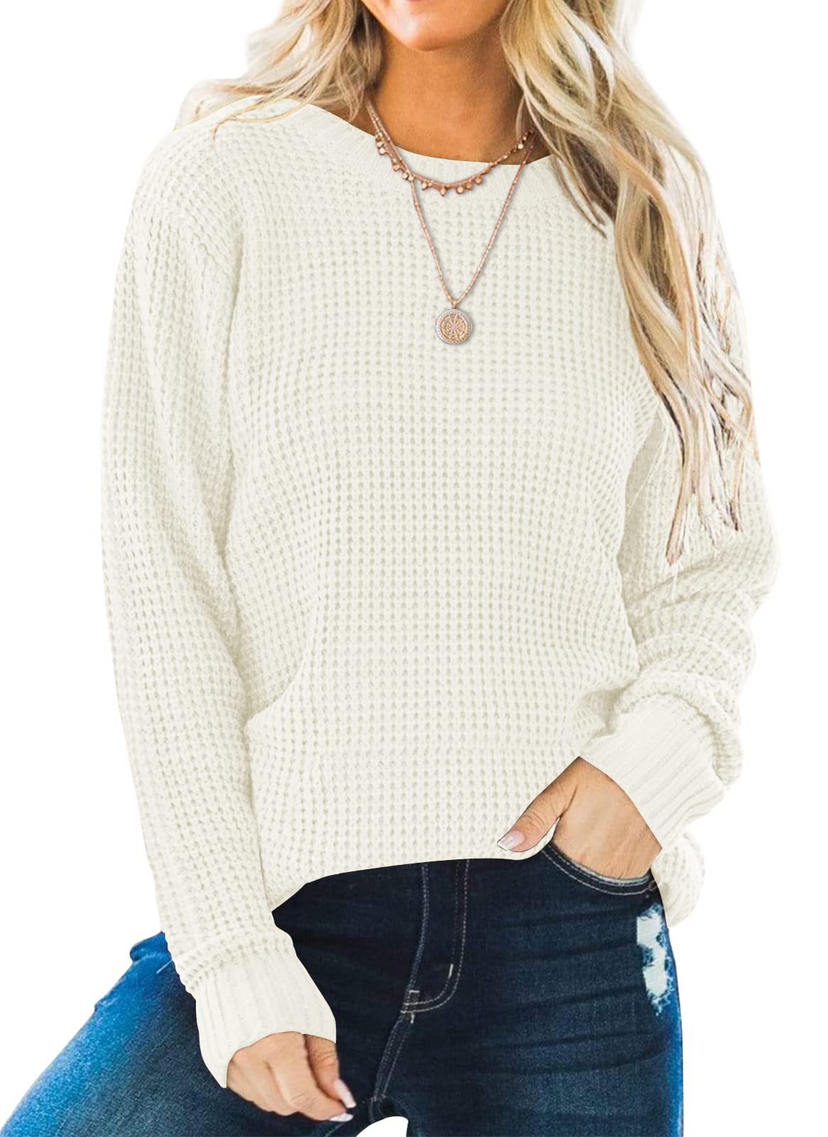 ZESICA Women's Long Sleeve Crew Neck Waffle Knit Sweater - Oversized Casual Pullover Jumper Top for Fall Winter Fashion | Cozy Loungewear, Office Wear & Weekend Outfits