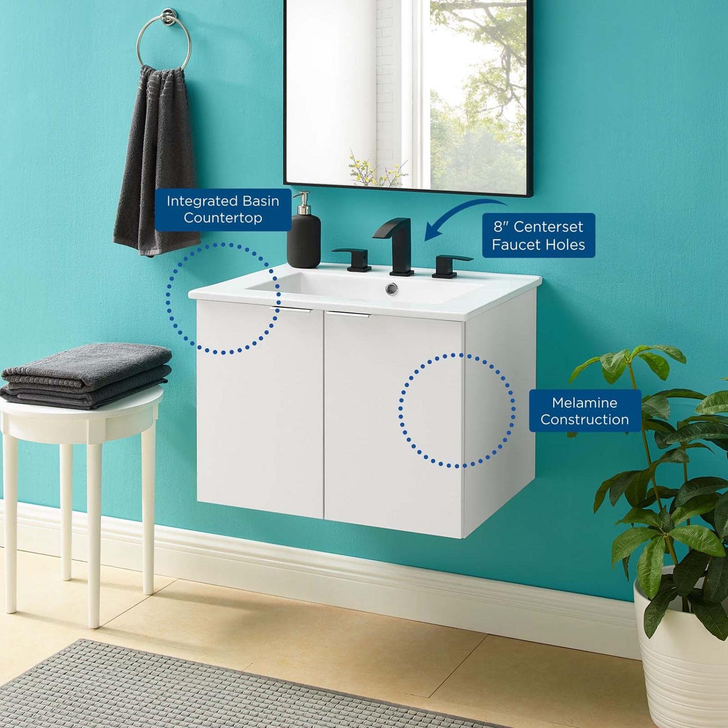 Modway Maybelle 24 Inch White Wall-Mounted Bathroom Vanity with Sink - Space Saving Modern Design for Small Bathrooms, Powder Rooms & Apartments