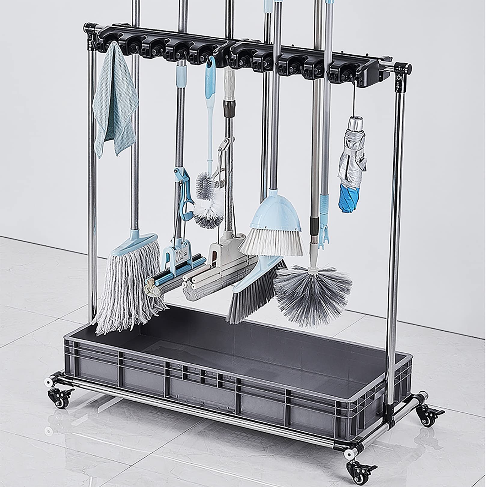 Adjustable Height Stainless Steel Floor-Standing Broom and Mop Rack - 16-Slot Durable Storage Cart for Garages, Hotels, Schools & Restaurants - Mobile Cleaning Tool Organizer for Easy Home and Commercial Use