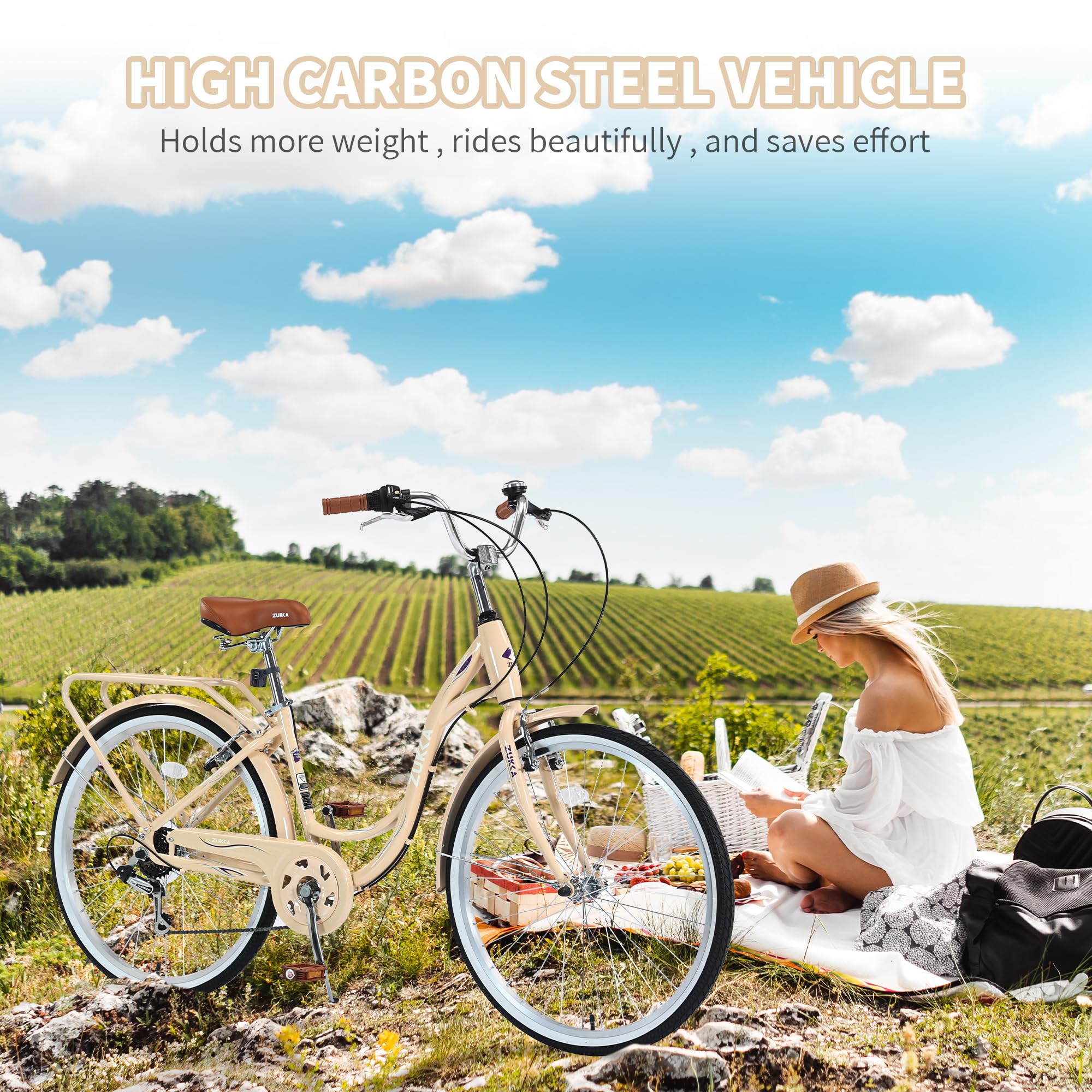 26 Inch Women's Beach Cruiser Bike - 7 Speed Comfortable Commuter & Leisure Bicycle for Adults with Adjustable Seat & Dual V Brake - Perfect for Beach Rides, City Commuting & Weekend Adventures
