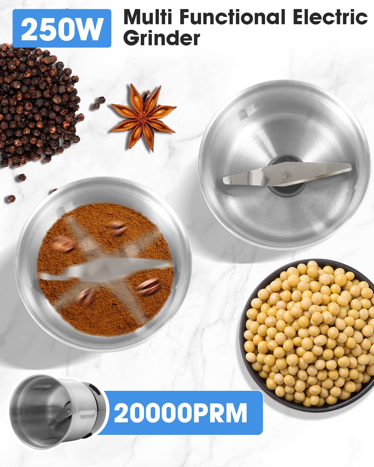 250W Electric Coffee Grinder - Powerful & Quiet Kitchen Machine for Beans, Spices, Nuts, Grains & Herbs - 75g Stainless Steel Capacity - Perfect for Home Brewing, Espresso & Cooking