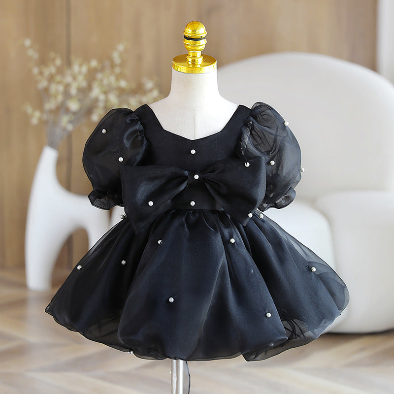Elegant Baby Girl Puff Sleeve Pearl Communion Dress - White Baptism Christening Gown for Special Occasions & Photoshoots