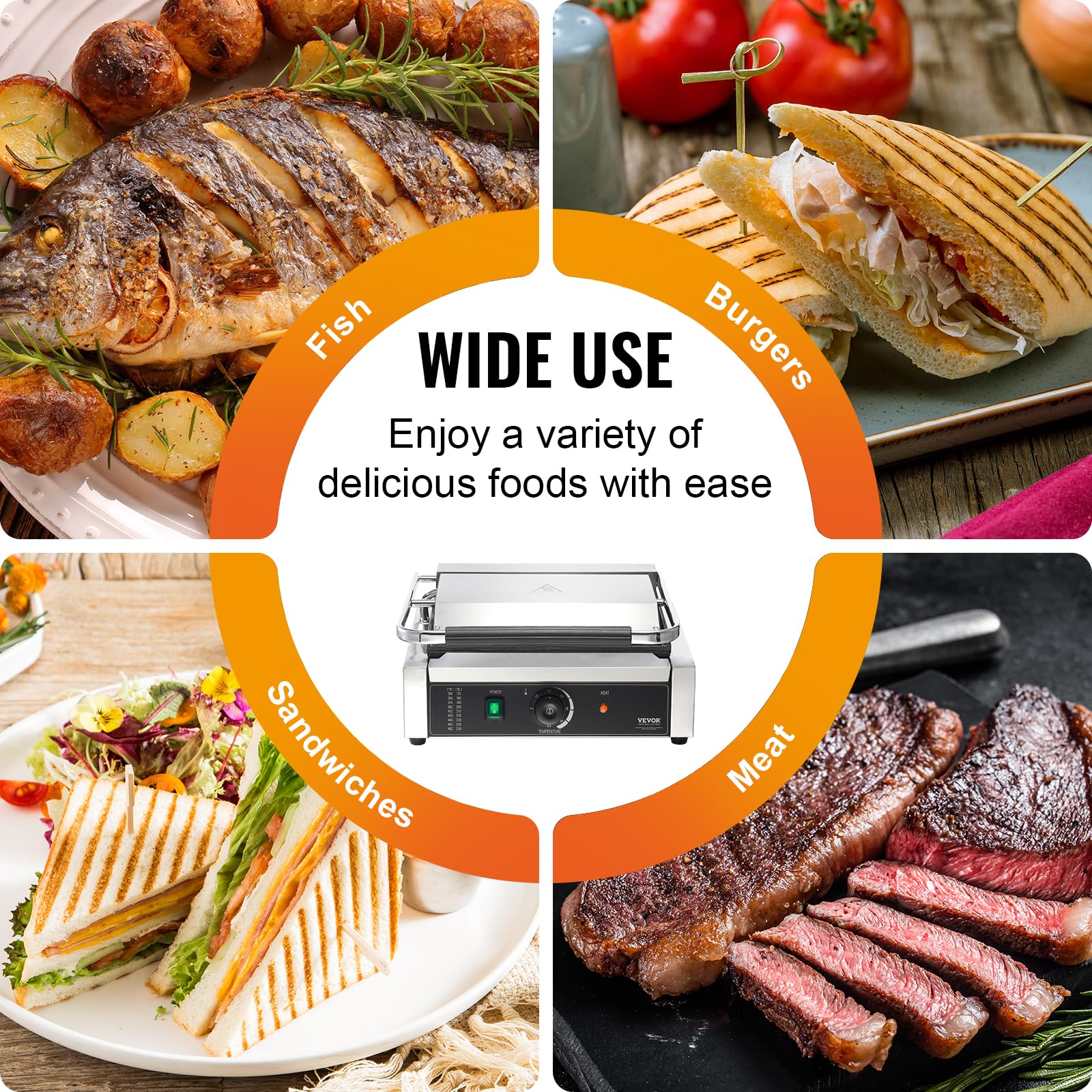 VEVOR 1800W Electric Panini Press Grill with Temperature Control, 14