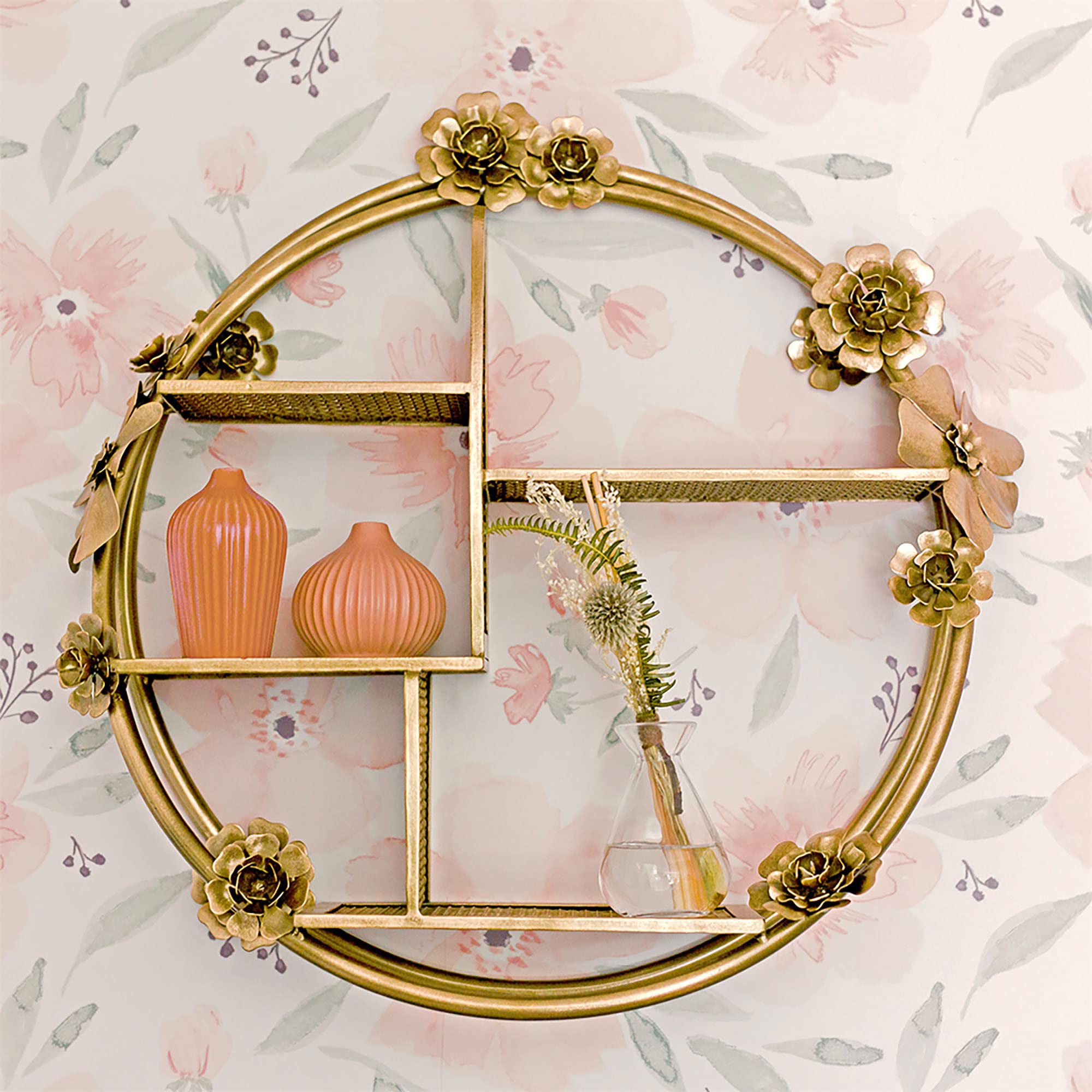 Elegant Brass Crane Baby Nursery Wall Shelf Decor - 20.5” x 20.5” x 6” Floral Shelving for Boys & Girls - Perfect for Nursery, Bedroom or Kids Room Organization