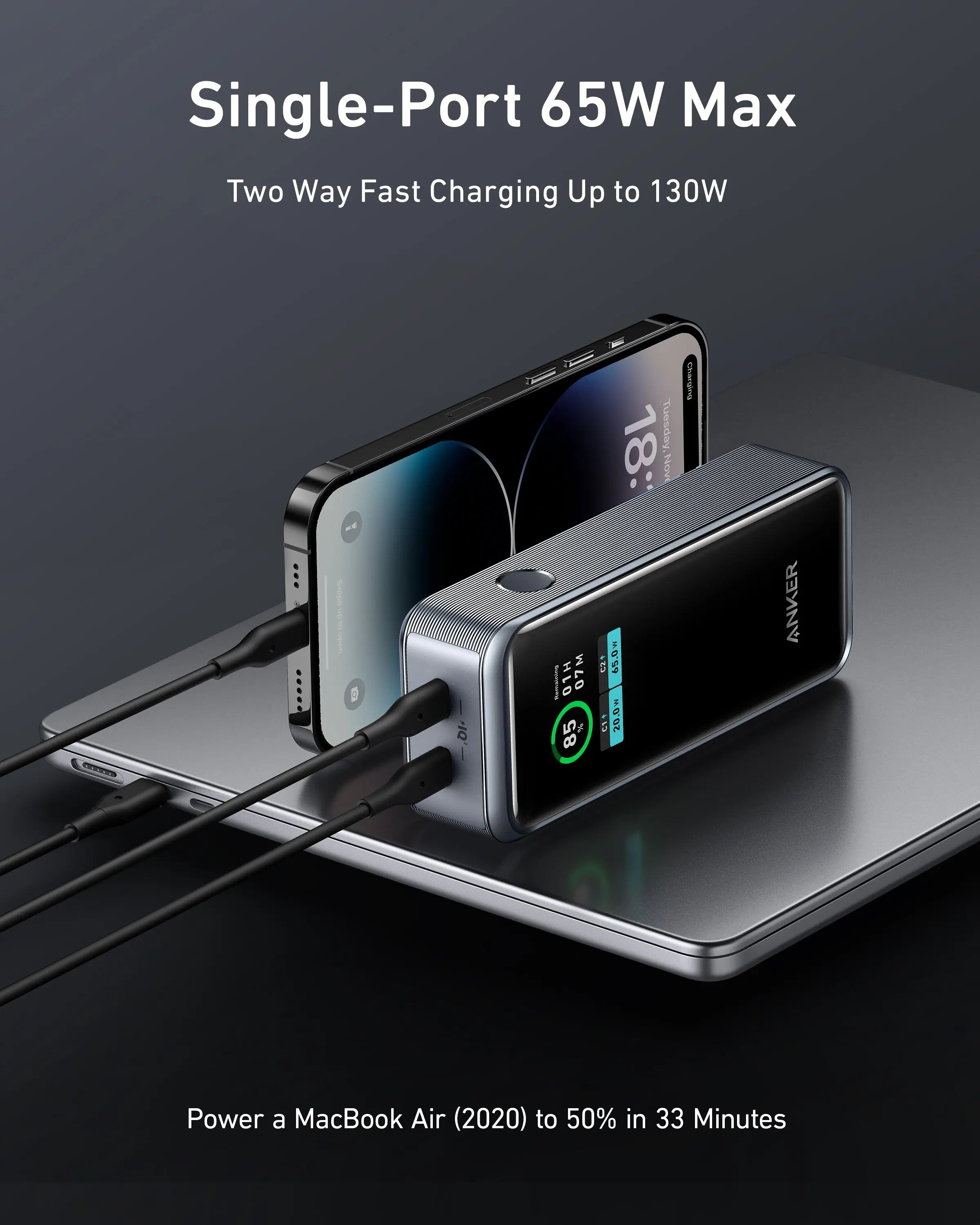Anker PowerCore GaNPrime 12000mAh 130W Fast Charging Portable Charger (A1335) - Ultra-Compact PD Power Bank for iPhone 15/14, MacBook, iPad, Samsung Galaxy | Perfect for Travel, Camping & Emergency Backup