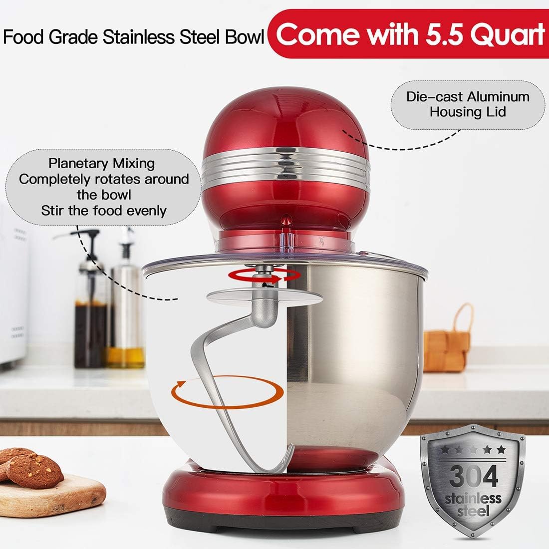 COKLAI 6-Speed Stand Mixer with Stainless Steel Bowl - Tilt-Head Electric Kitchen Mixer for Baking - Includes Wire Whisk, Dough Hook & Flat Beater - Perfect for Cakes, Cookies, Bread & Pastry Dough