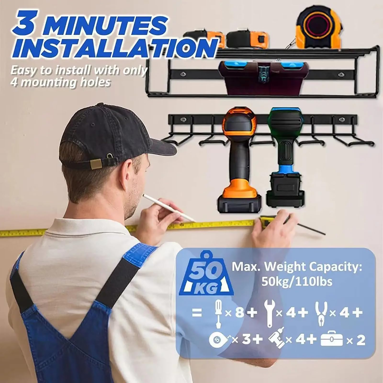 WYYHAA Wall Mount Power Tool Organizer - Heavy Duty Garage Tool Storage with Screwdriver, Pliers & Hammer Holders - Perfect for Workshop, Garage & DIY Tool Organization