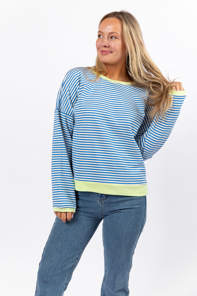Think On It Blue Striped Contrast Trim Pullover Sweater | Cozy Casual Wear for Women | Perfect for Fall & Winter Layering