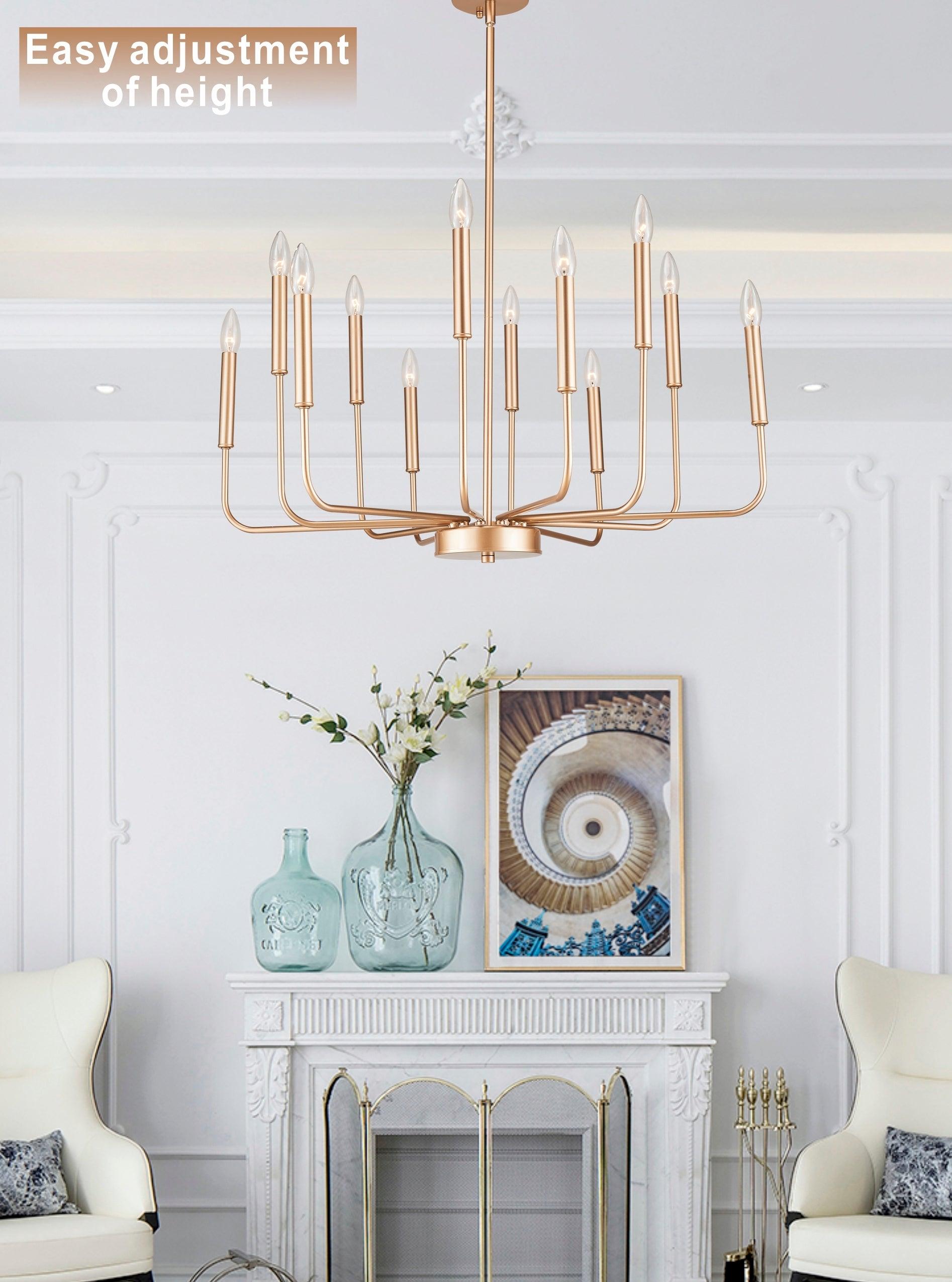 12-Light Modern Gold Farmhouse Iron Chandelier with Adjustable Height - E12 Bulb Classic Candle Hanging Pendant Light Fixture for Living Room, Dining Room, Kitchen Island, Bedroom & Foyer - Rustic Elegant Ceiling Lighting for Home Decor
