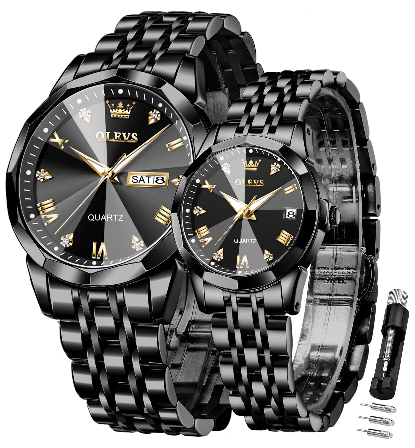 OLEVS Valentine's Day Couple Watches Set - His and Hers Stainless Steel Quartz Wristwatches with Luminous Hands, Date Window & 3ATM Waterproof - Perfect Romantic Gift for Anniversaries, Weddings & Couple Matching (Set of 2) | Great for Date Nights, Special Occasions & Everyday Wear