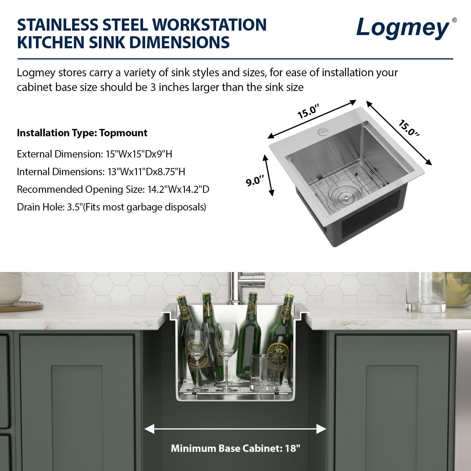 Logmey 15 Inch Drop-In Bar Sink - 15x15 Inch Stainless Steel Kitchen Prep Sink, 16 Gauge Single Bowl Topmount Workstation Sink with Round Corners for Small RV, Bar & Kitchen Use - Perfect for Food Prep, Beverage Station & Compact Spaces