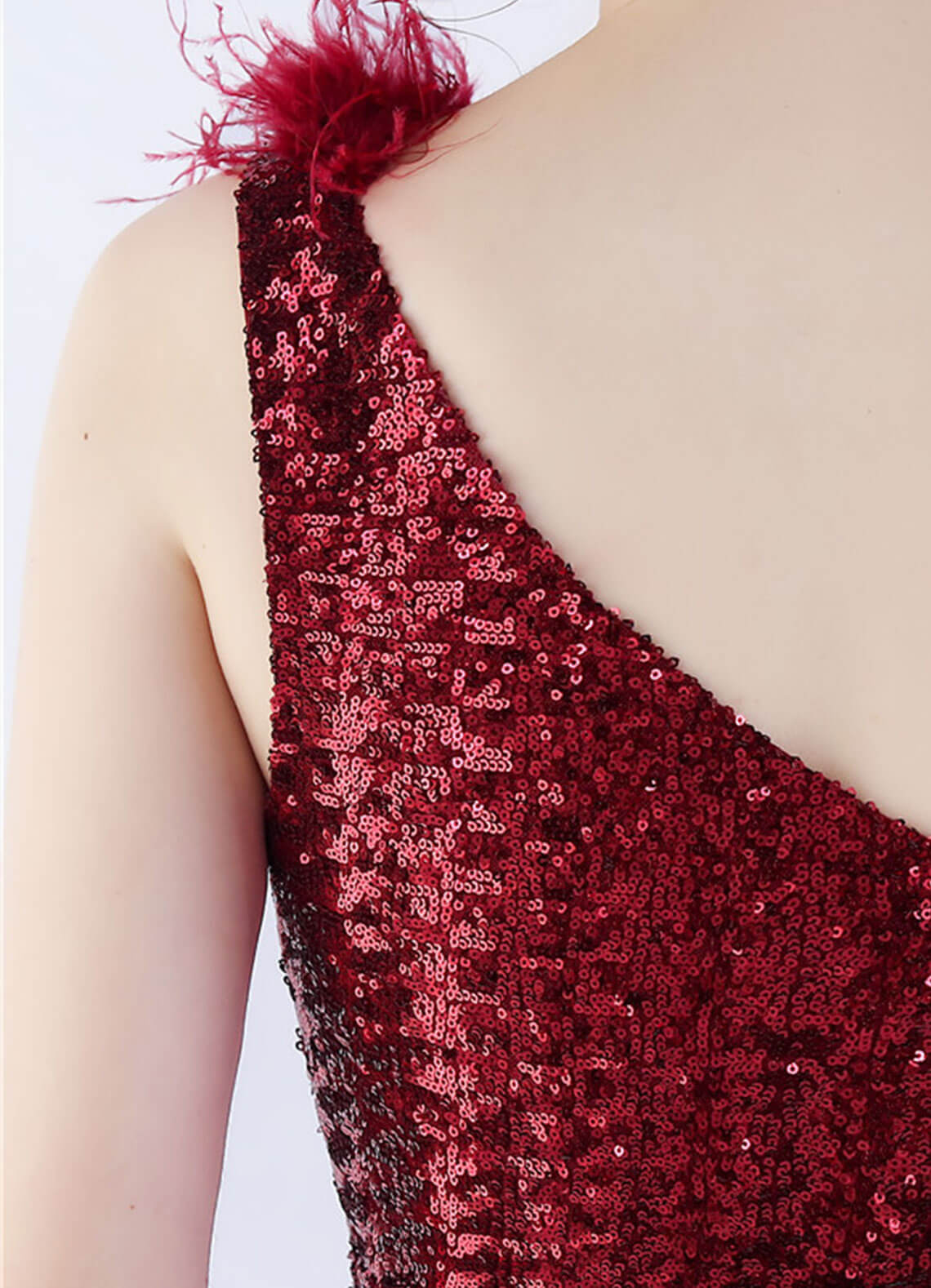 Elegant Burgundy One Shoulder Feather Sequin Mermaid Evening Gown - Perfect for Prom, Gala, and Black Tie Events