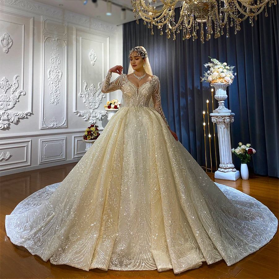 Elegant Luxury Wedding Dress with Flowing Long Train - Perfect for Bridal Ceremonies, Formal Events & Romantic Photos